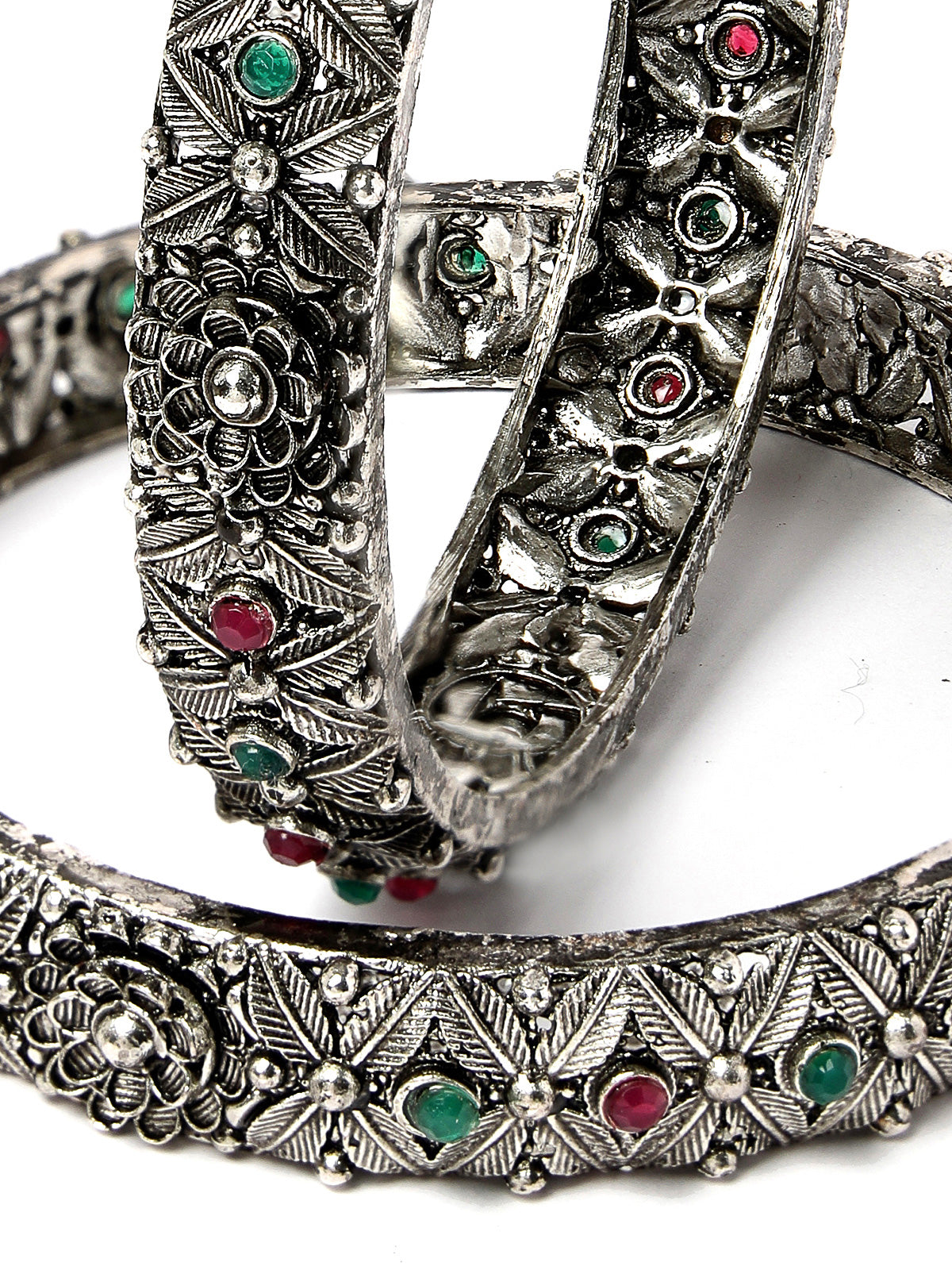Sukkhi Ethnic Floral Design Silver Oxidised Rhodium Plated Red And Green Bracelet Bangle Set Jewellery for Women & Girls|Set of 2 Latest Design|Birthday Anniversary Gift for Women|B105924