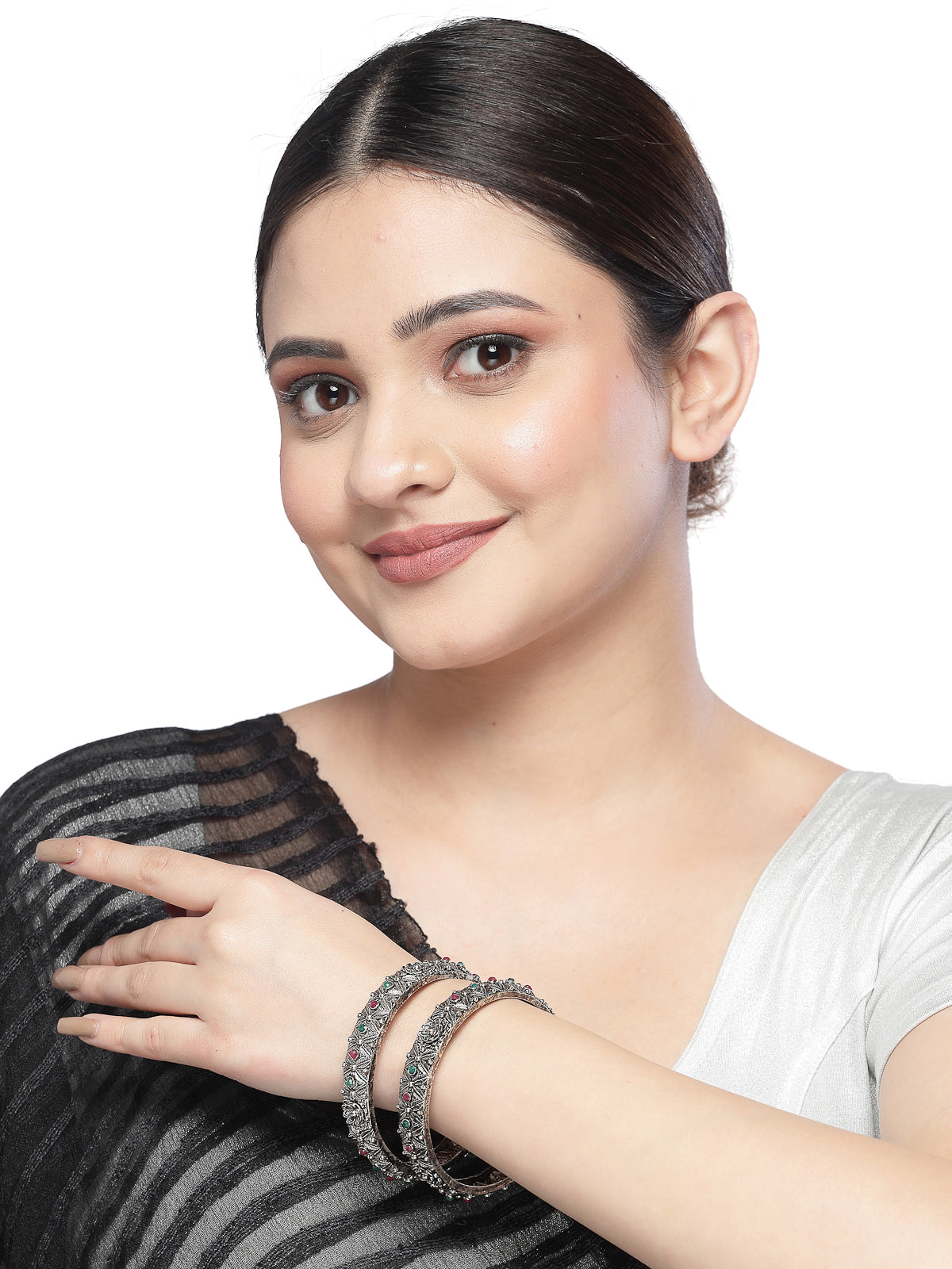 Sukkhi Ethnic Floral Design Silver Oxidised Rhodium Plated Red And Green Bracelet Bangle Set Jewellery for Women & Girls|Set of 2 Latest Design|Birthday Anniversary Gift for Women|B105924