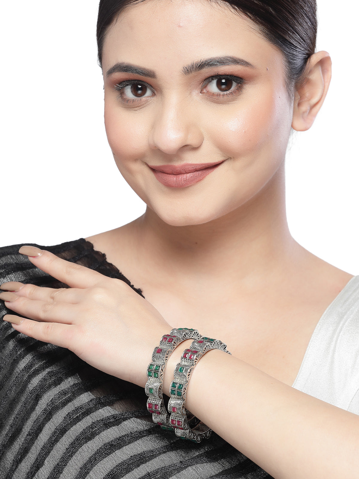 Sukkhi Detailed Curved Silver Oxidised Rhodium Plated Red And Green Broad Bracelet Bangle Set Jewellery for Women & Girls|Set of 2 Latest Design|Birthday Anniversary Gift for Women|B105926