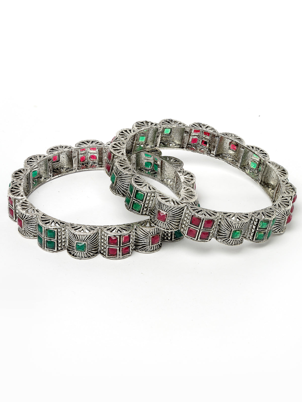 Sukkhi Detailed Curved Silver Oxidised Rhodium Plated Red And Green Broad Bracelet Bangle Set Jewellery for Women & Girls|Set of 2 Latest Design|Birthday Anniversary Gift for Women|B105926