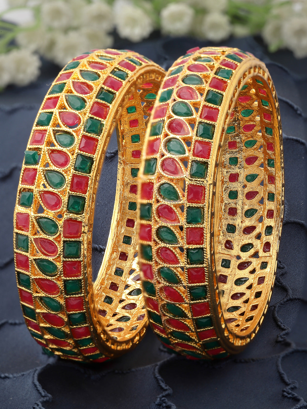 Sukkhi Unique Traditional Kada Style Gold Plated Red And Green Broad Bracelet Bangle Set Jewellery for Women & Girls|Set of 2 Latest Design|Birthday Anniversary Gift for Women|B105928