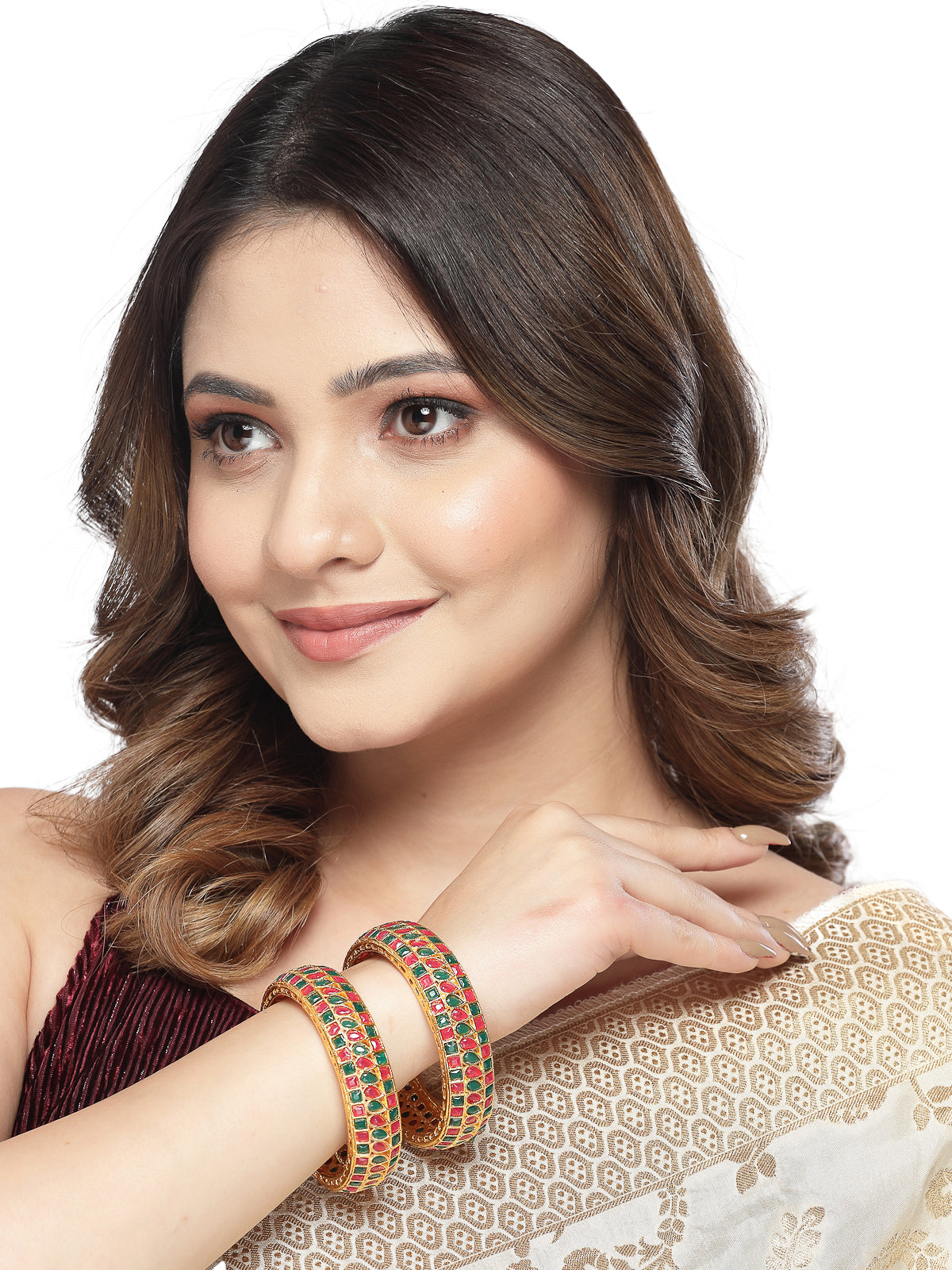Sukkhi Unique Traditional Kada Style Gold Plated Red And Green Broad Bracelet Bangle Set Jewellery for Women & Girls|Set of 2 Latest Design|Birthday Anniversary Gift for Women|B105928