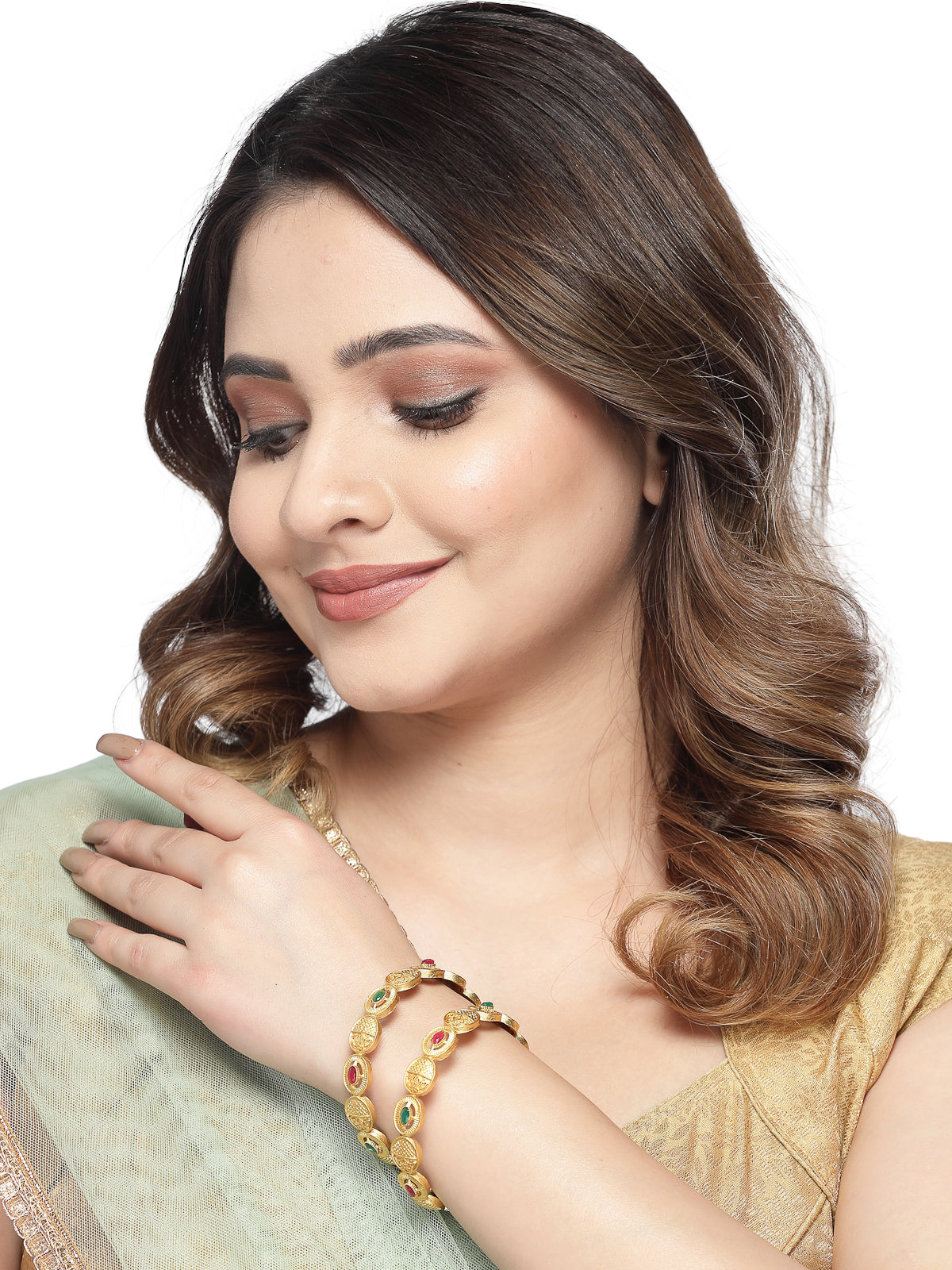 Sukkhi Impressive Round Shaped Gold Plated Red White AD Stones Bracelet Bangle Set Jewellery for Women & Girls|Set of 2 Latest Design|Birthday Anniversary Gift for Women|B105930