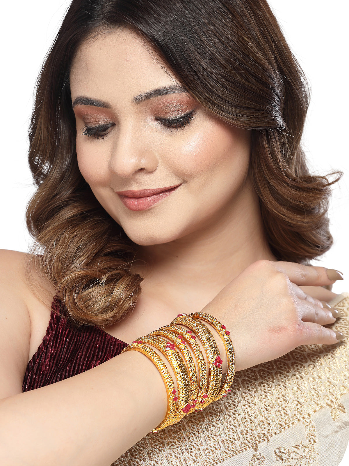 Sukkhi Elegant Gold Plated Red Color Bracelet Bangle Set Jewellery for Women & Girls|Set of 6 Latest Design|Birthday Anniversary Gift for Women|B105937