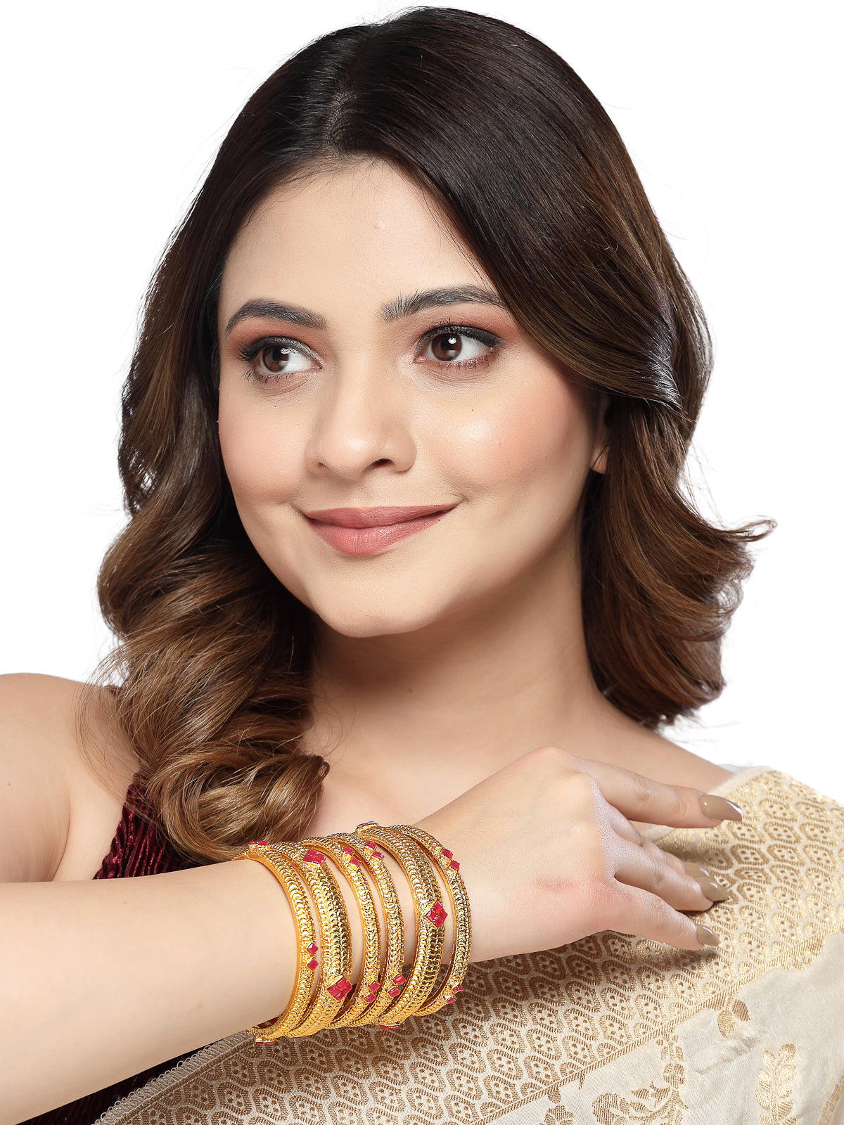 Sukkhi Elegant Gold Plated Red Color Bracelet Bangle Set Jewellery for Women & Girls|Set of 6 Latest Design|Birthday Anniversary Gift for Women|B105937