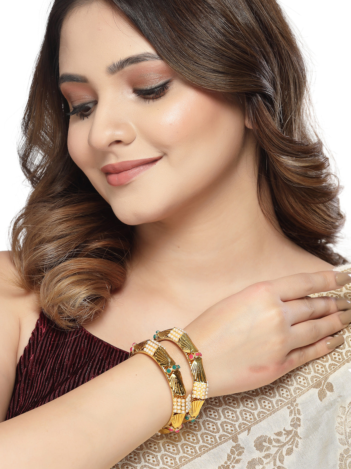 Sukkhi Eye-Catchy Gold Plated Multicolor White Pearls Studded Set of 2 Broad Bracelet Bangle Set Jewellery for Women & Girls|Latest Design|Birthday Anniversary Gift for Women|B105958