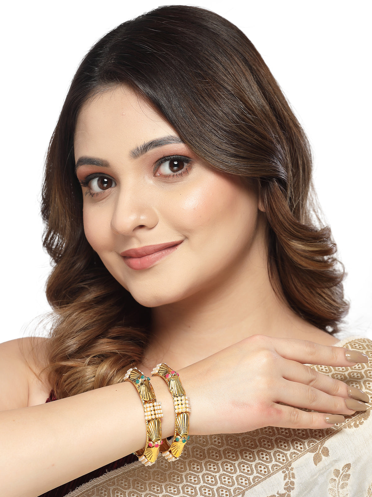 Sukkhi Eye-Catchy Gold Plated Multicolor White Pearls Studded Set of 2 Broad Bracelet Bangle Set Jewellery for Women & Girls|Latest Design|Birthday Anniversary Gift for Women|B105958