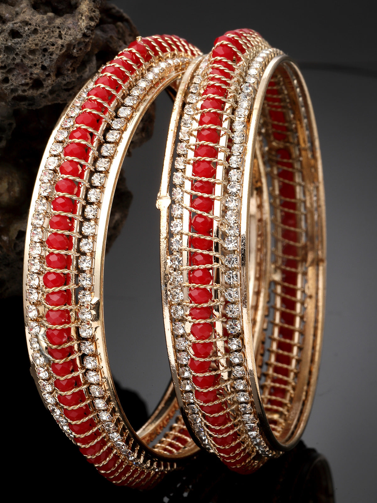 Sukkhi Stylish Gold Plated White AD Stones With Red Beads Studded Set of 2 Broad Bracelet Bangle Set Jewellery for Women & Girls|Latest Design|Birthday Anniversary Gift for Women|B105960