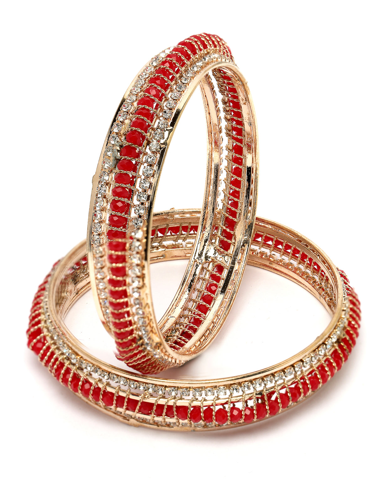 Sukkhi Stylish Gold Plated White AD Stones With Red Beads Studded Set of 2 Broad Bracelet Bangle Set Jewellery for Women & Girls|Latest Design|Birthday Anniversary Gift for Women|B105960