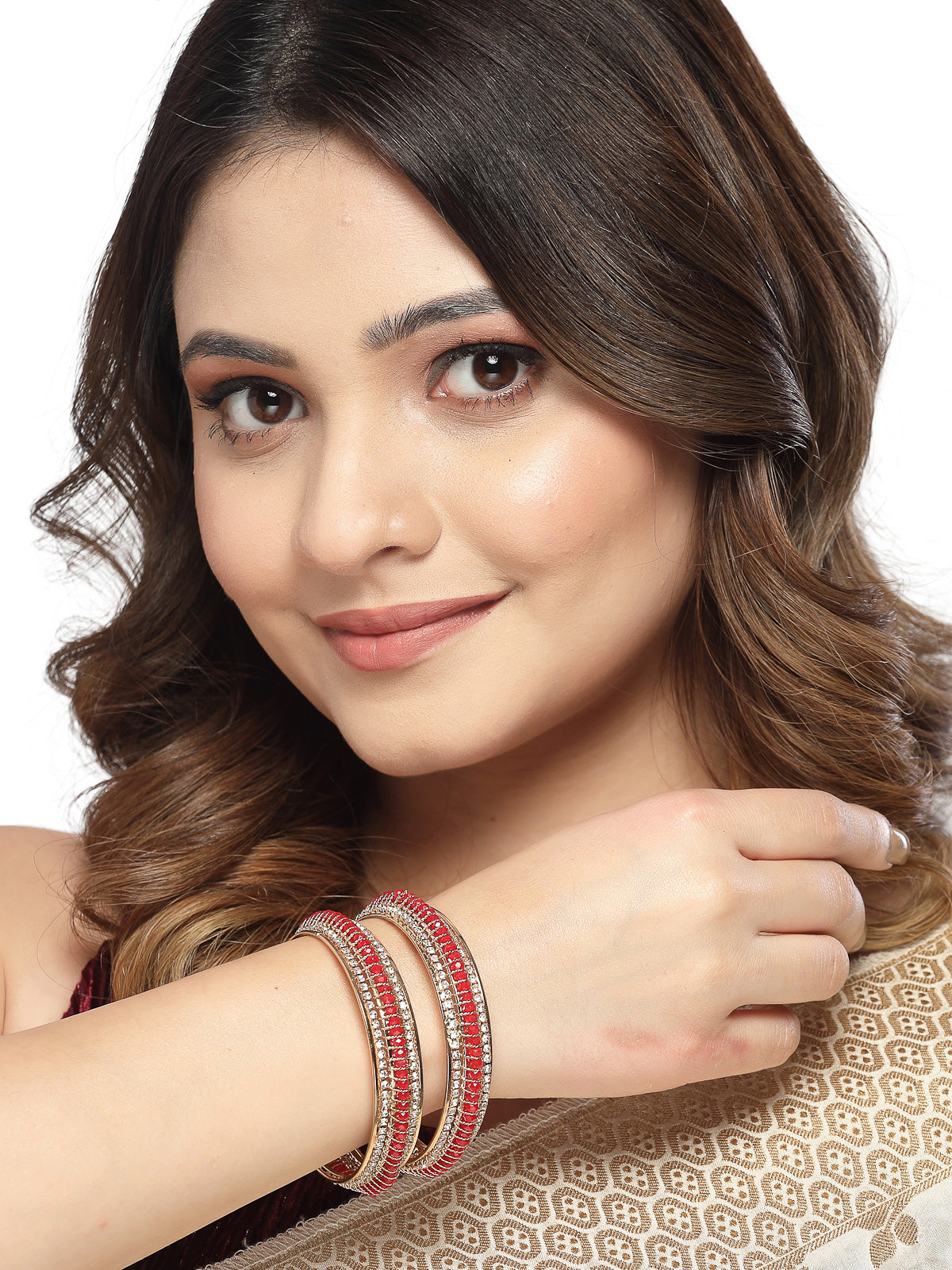 Sukkhi Stylish Gold Plated White AD Stones With Red Beads Studded Set of 2 Broad Bracelet Bangle Set Jewellery for Women & Girls|Latest Design|Birthday Anniversary Gift for Women|B105960