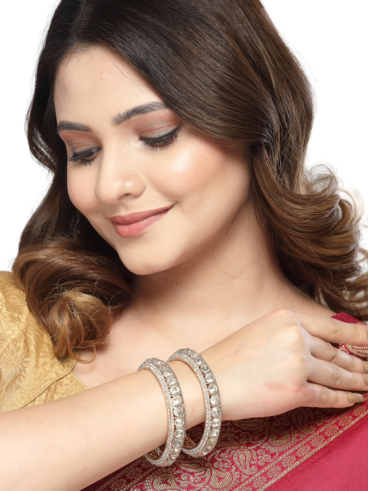 Sukkhi Charming Gold Plated White Crystals Stones Broad Bracelet Bangle Set Jewellery for Women & Girls|Set of 2 Latest Design|Birthday Anniversary Gift for Women|B105961
