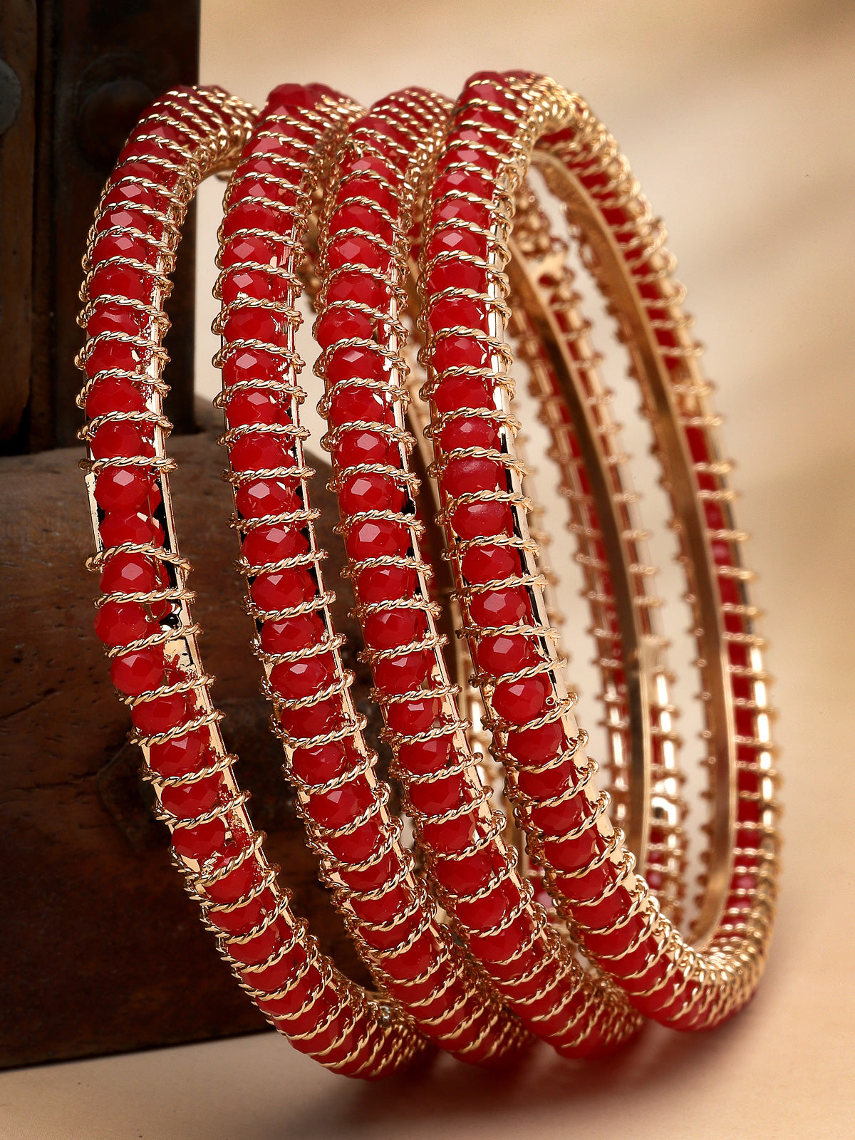 Sukkhi Delightful Gold Plated Red Faux Beaded Set of 4 Thin Bracelet Bangle Set Jewellery for Women & Girls|Latest Design|Birthday Anniversary Gift for Women|B105962