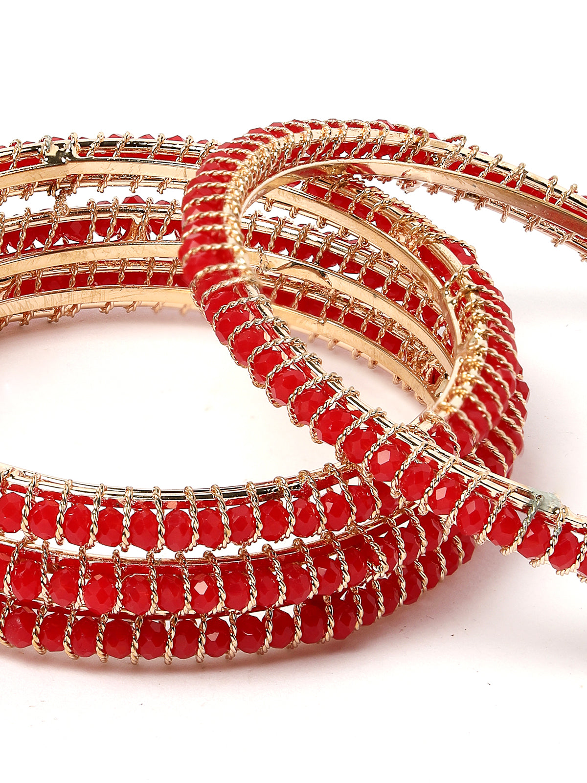 Sukkhi Delightful Gold Plated Red Faux Beaded Set of 4 Thin Bracelet Bangle Set Jewellery for Women & Girls|Latest Design|Birthday Anniversary Gift for Women|B105962