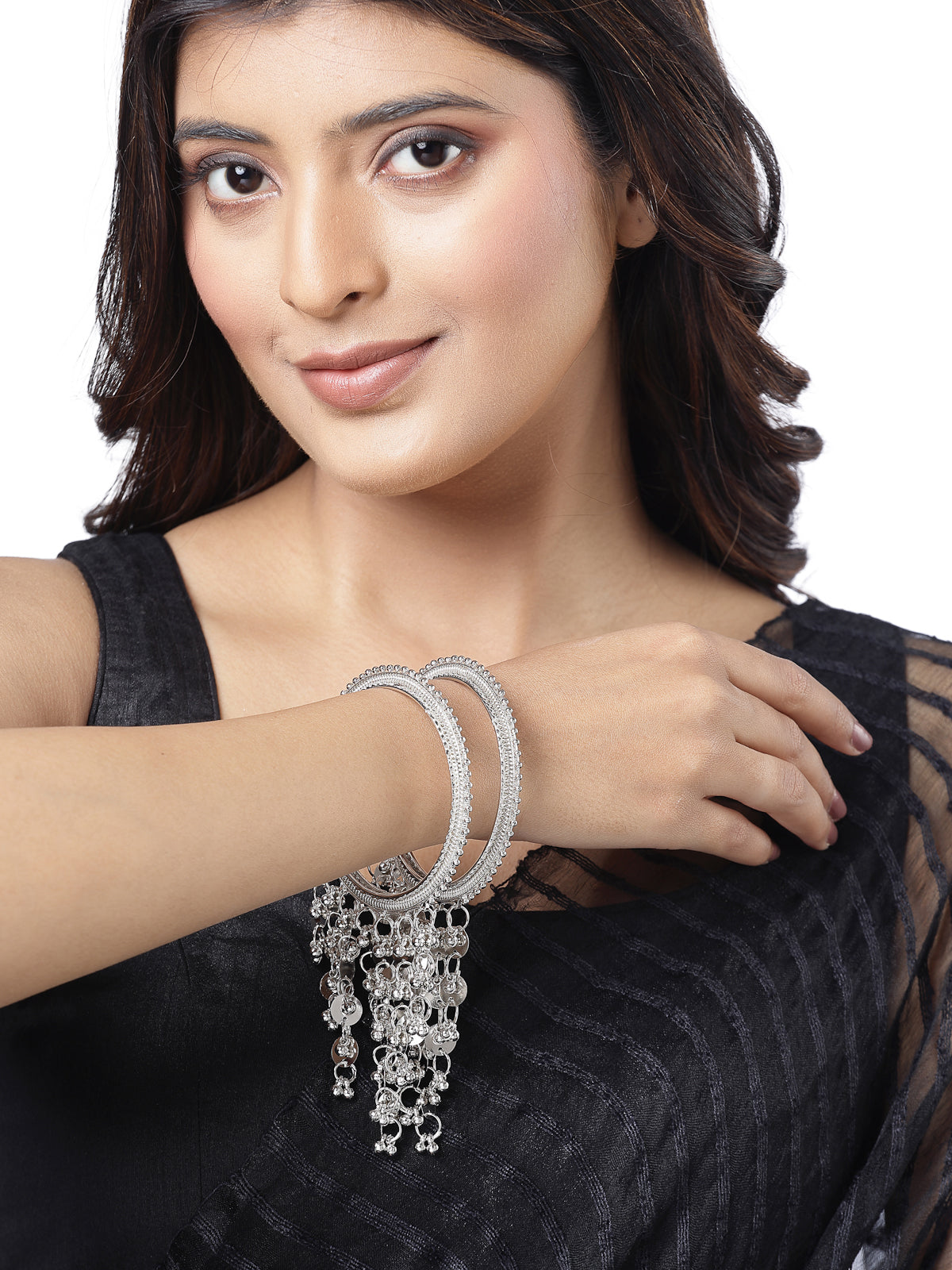 Sukkhi Beautiful Charming Oxidised Rhodium Plated with Hanging Silver Bracelet Bangle Set Jewellery for Women & Girls |Set of 2|B106015