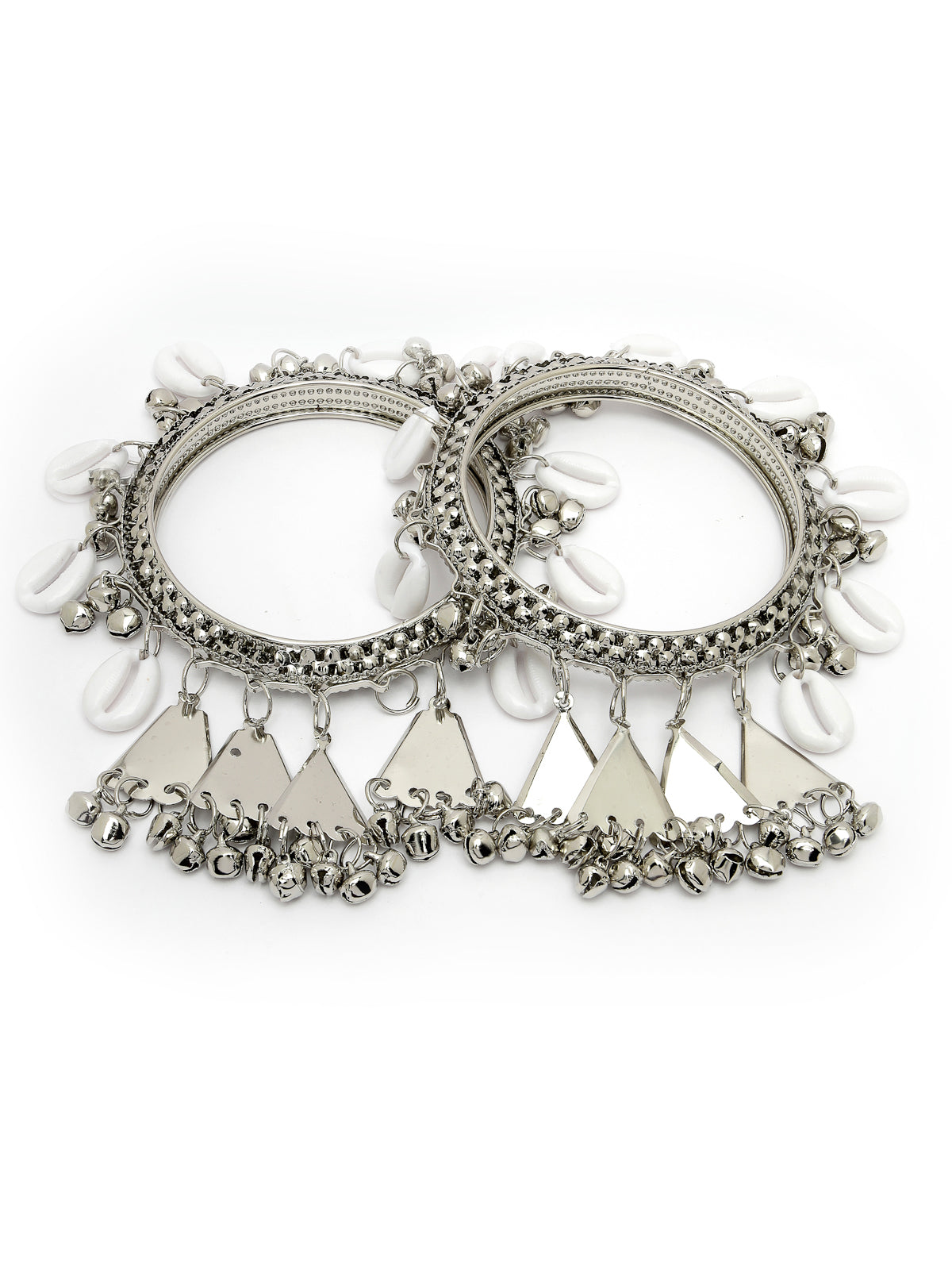 Sukkhi Attractive Ethnic Oxidised Rhodium Plated With Artificial Hanging Shells White Silver Bracelet Bangle Set Jewellery for Women & Girls |Set of 2|Size 2.4|B106021