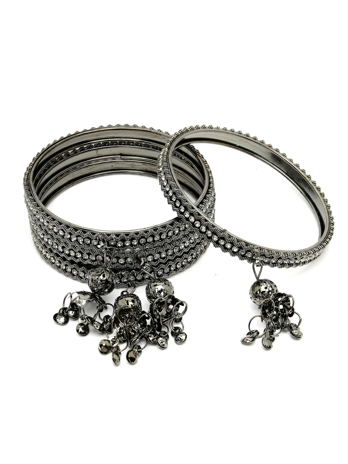 Sukkhi Eye-Catching Oxidised Rhodium Plated AD Stone Studded with Ball Hanging Silver Bracelet Bangle Set Jewellery for Women & Girls |Set of 4|B106024