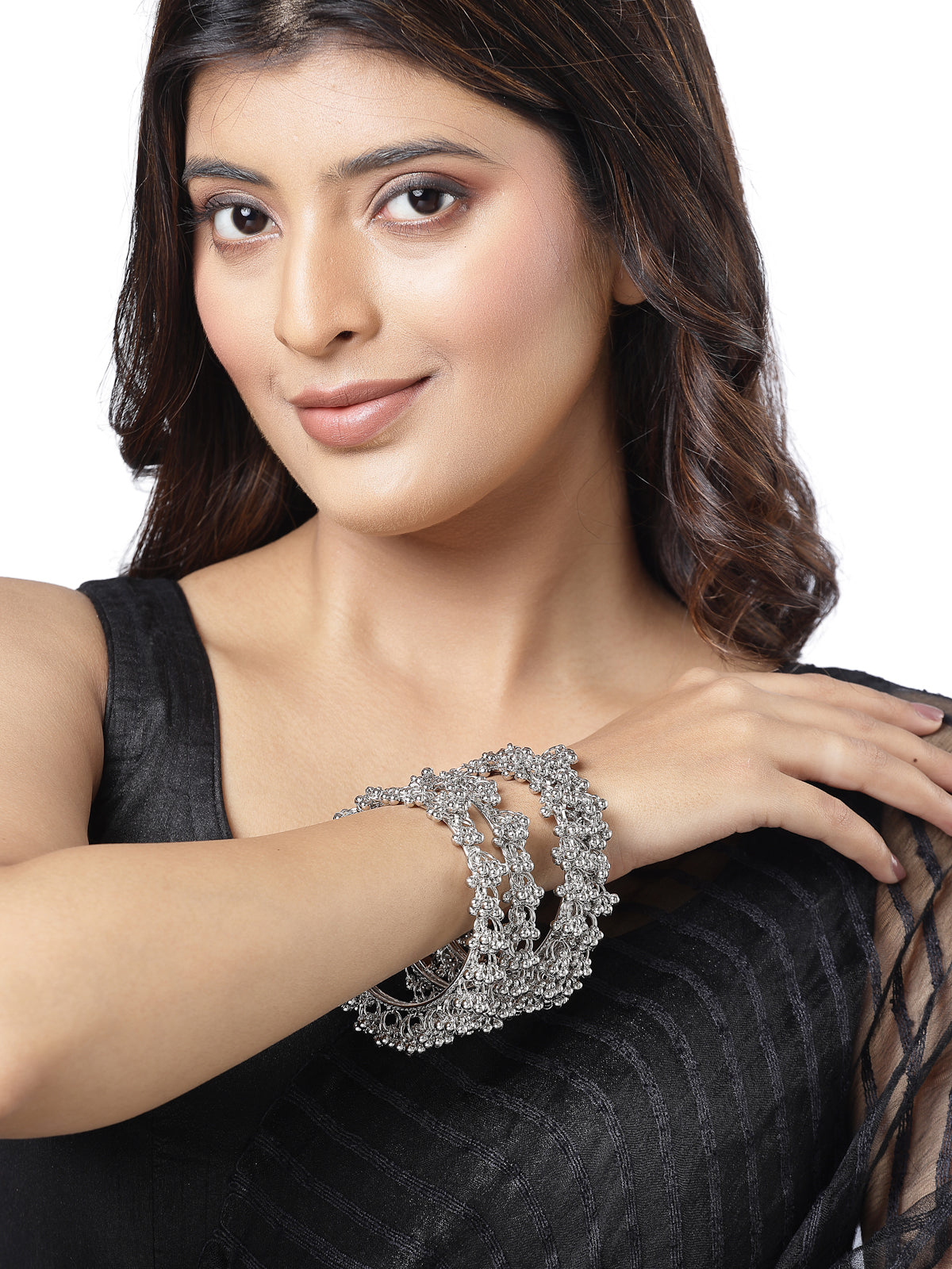 Sukkhi Navratri Festival Creative Oxidised Rhodium Plated Ghungroo Beadded Silver Bracelet Bangle Set Jewellery for Women & Girls |Set of 4 | B106027