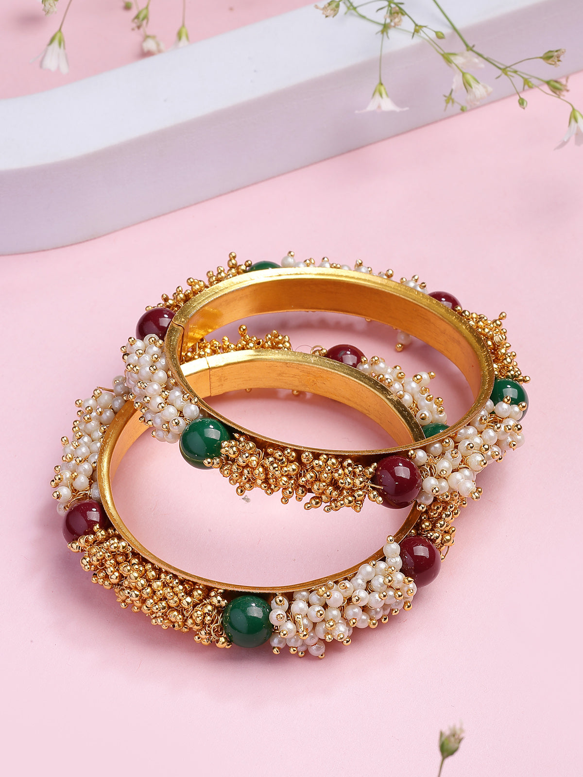 Sukkhi Fashion Traditional Gold Plated Pearls Studded Red Green Bangle Bracelet Jewellery for Women & Girls|Set of 2|B107293