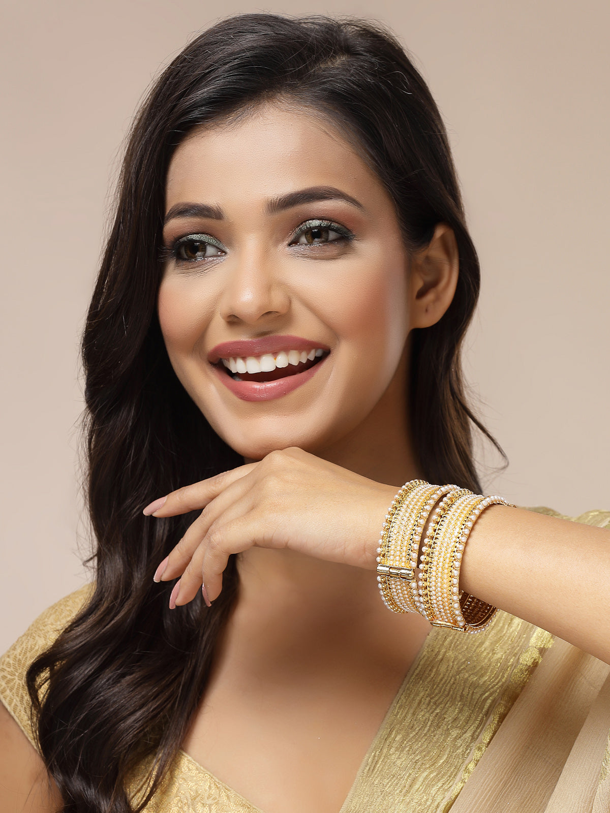 Sukkhi Trendy Rajwadi Style Gold Plated With Pearls Studded Broad Kada Bangle Jewellery For Women & Girls|Set of 2|B107298