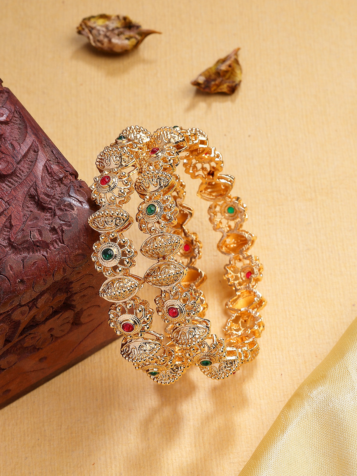 Sukkhi Unique Traditional Gold Plated Red Green Kada Bangle Set of 2 Jewellery For Women & Girls|B107301
