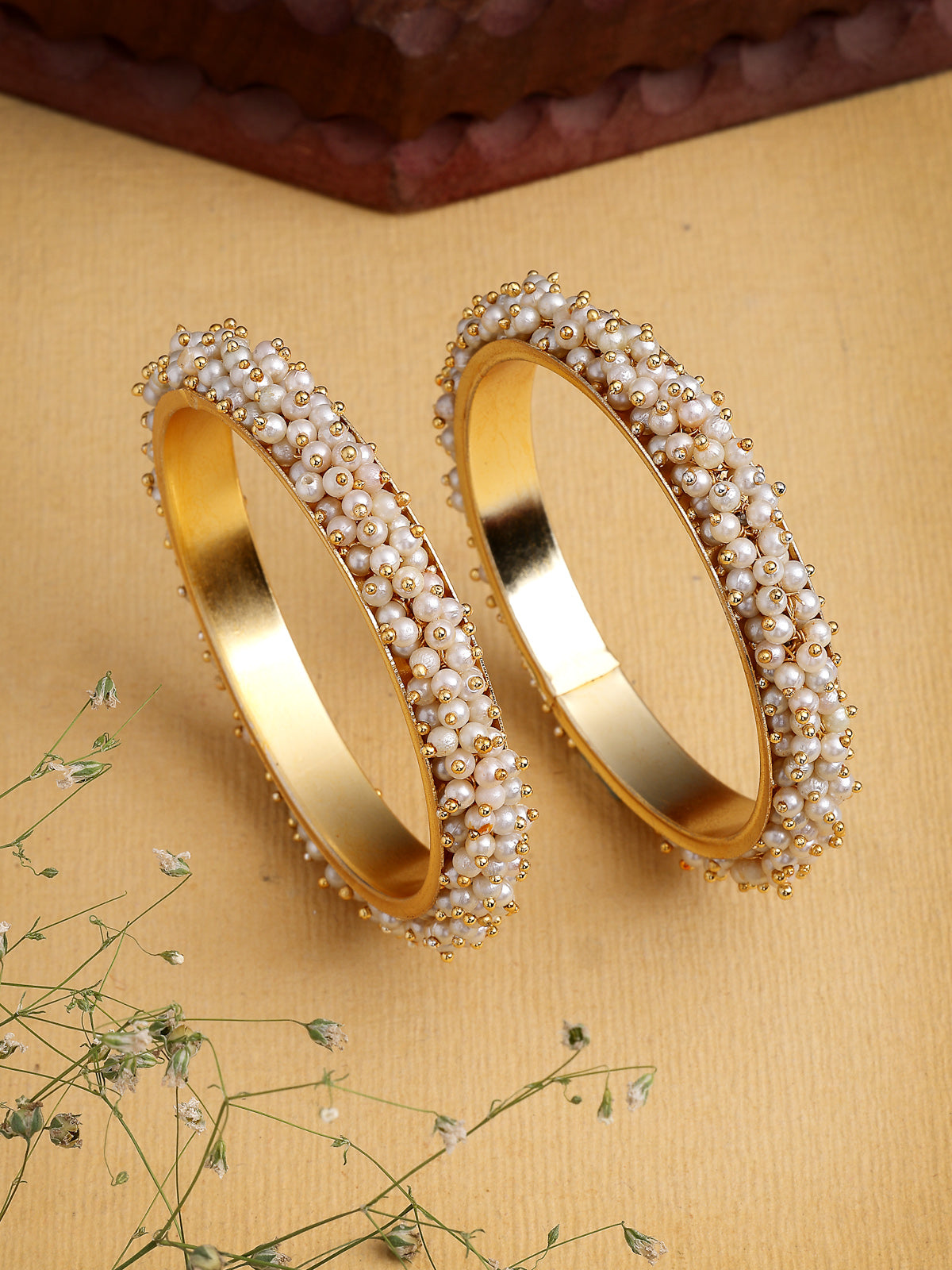 Sukkhi Graceful Stylish Gold Plated with Pearls Studded Kada Bangle Set of 2 Jewellery For Women & Girls|B107302