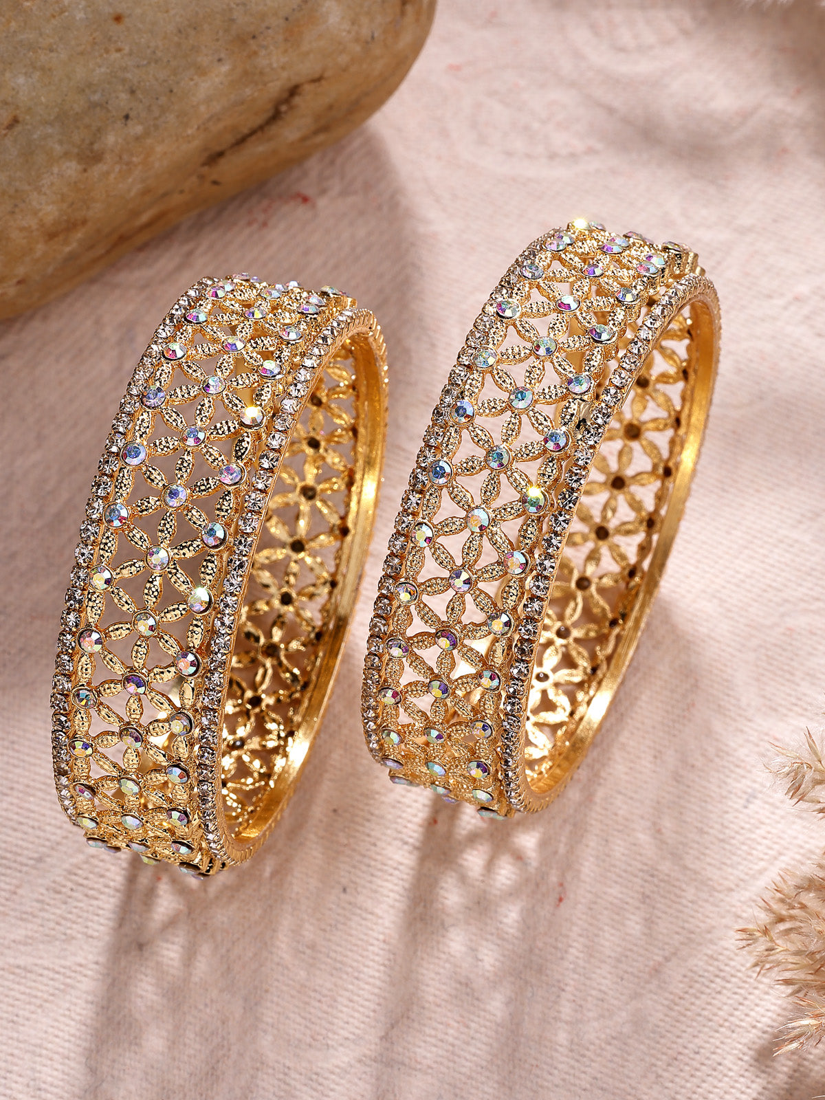 Sukkhi Creative Floral Design Gold Plated AD Stones Studded Kada Bangle Set for Women & Girls|Jewellery for Party, Wedding, and Festive Occasions for Women|2 Bangles|B107564