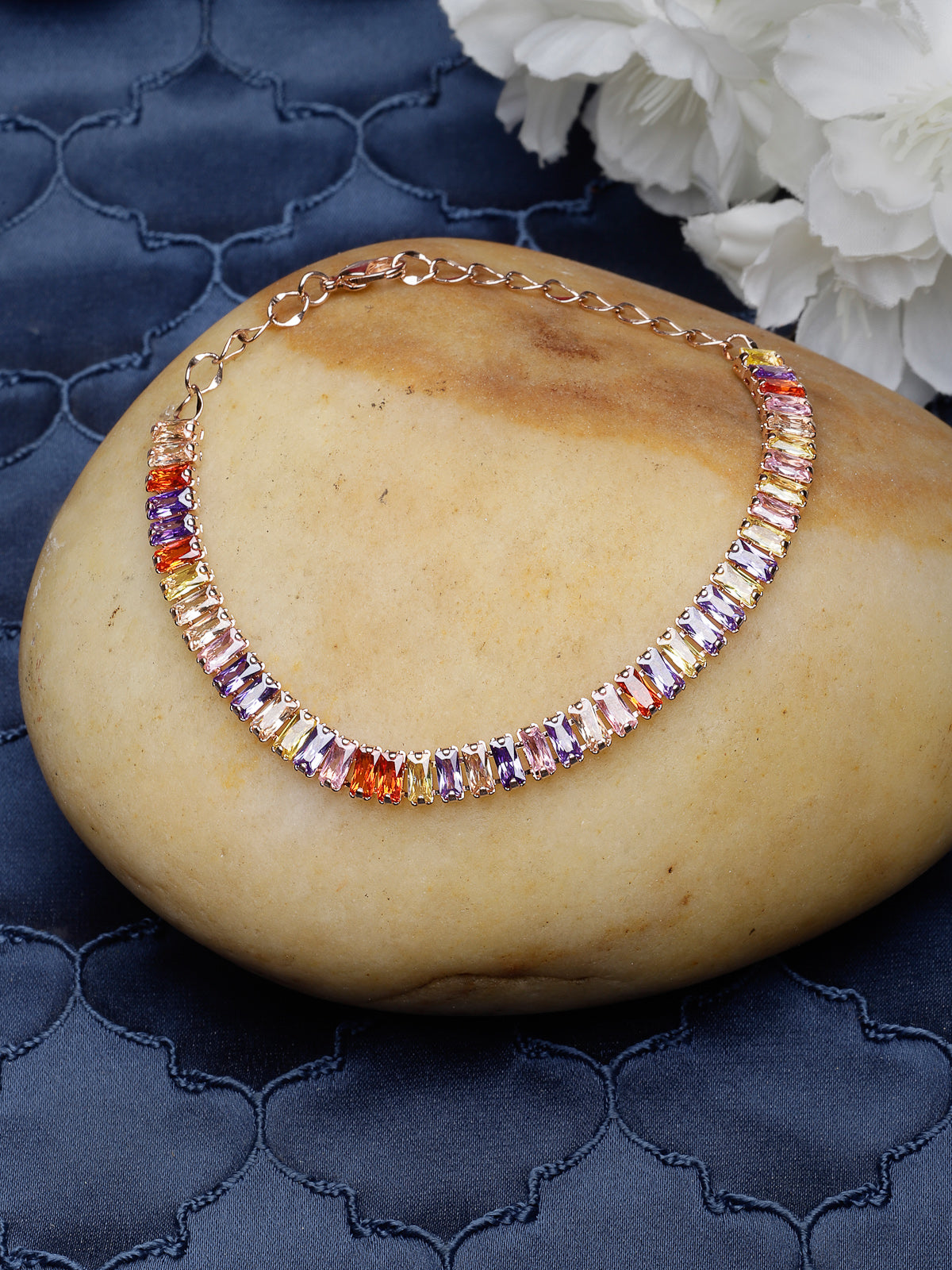 Studio Sukkhi Eye-Catchy American Diamond Baguette Stone Studded Multicolor Rose Gold Plated Adjustable Free Size Bracelet For Women And Girls (BC104762) BC104762