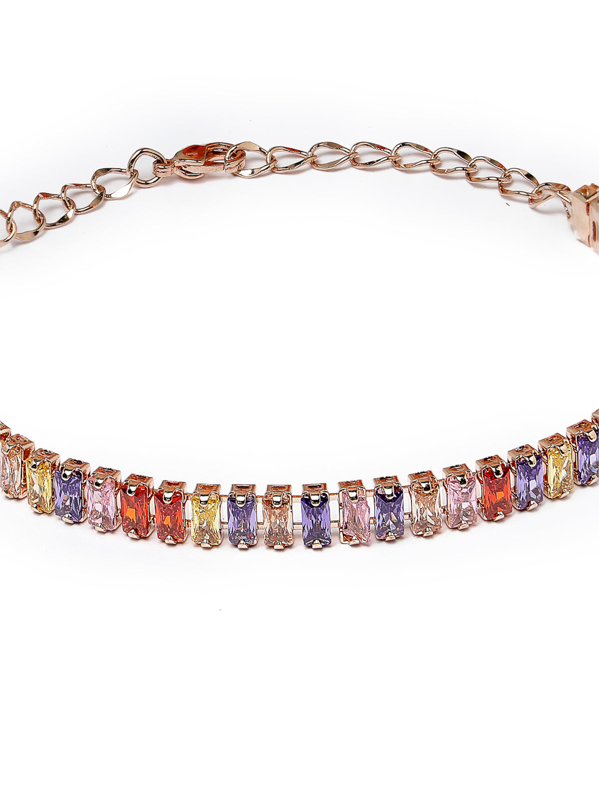 Studio Sukkhi Eye-Catchy American Diamond Baguette Stone Studded Multicolor Rose Gold Plated Adjustable Free Size Bracelet For Women And Girls (BC104762) BC104762