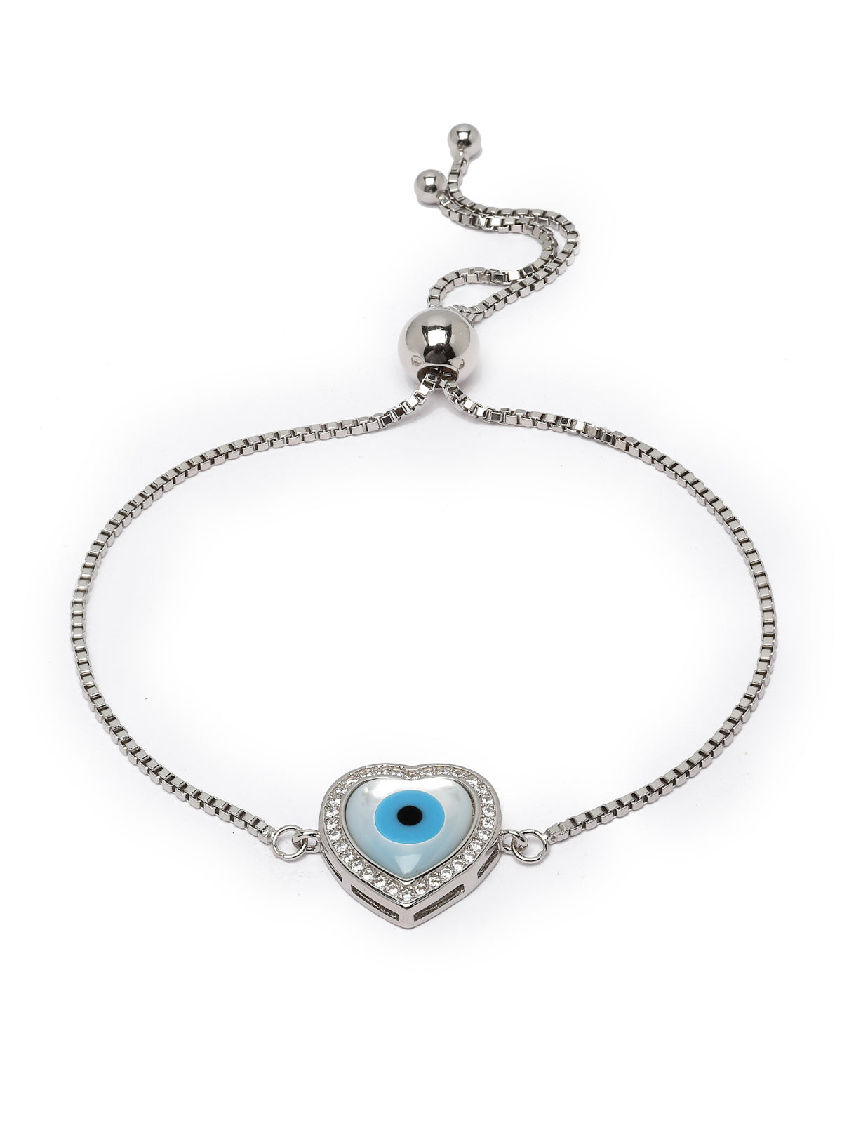 Pissara by Sukkhi Classic 925 Sterling Silver Evil Eye & Heart Shaped Cubic Zirconia Charm Bracelets For Women & Girls|with Authenticity Certificate, 925 Stamp & 6 Months Warranty BC105078