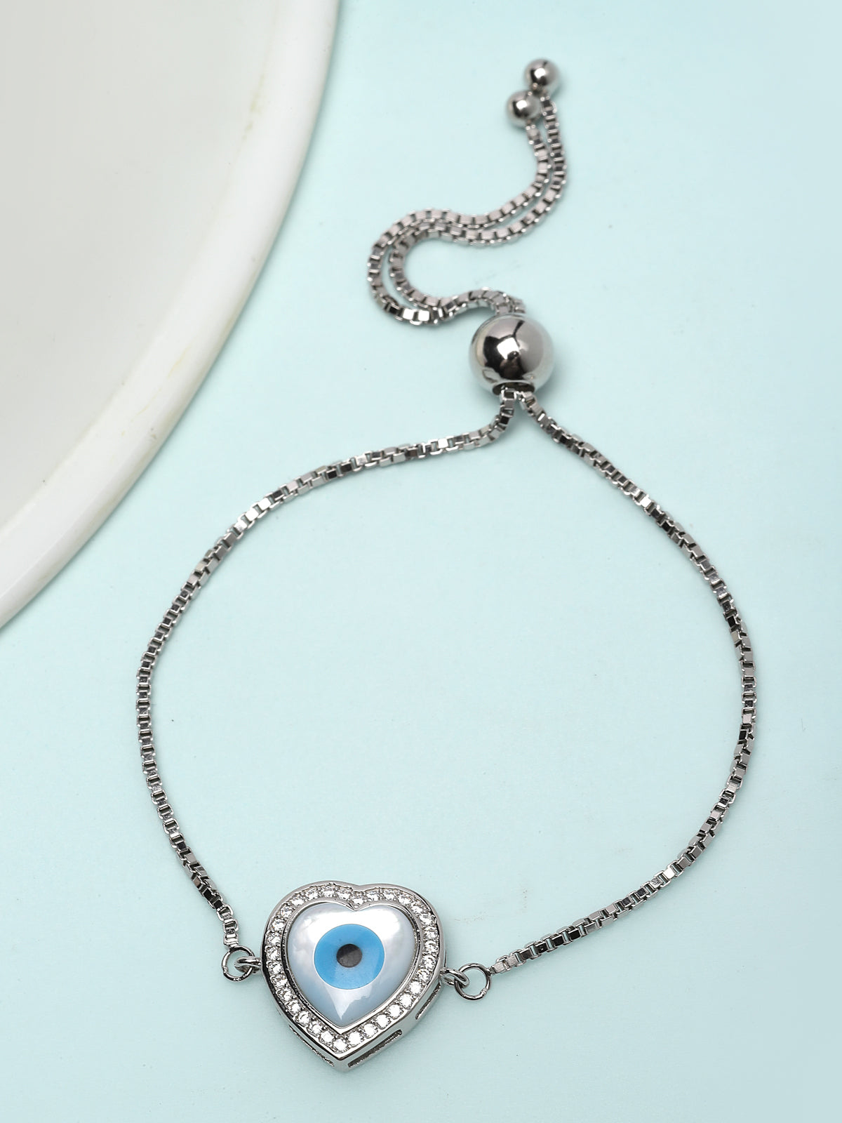 Pissara by Sukkhi Classic 925 Sterling Silver Evil Eye & Heart Shaped Cubic Zirconia Charm Bracelets For Women & Girls|with Authenticity Certificate, 925 Stamp & 6 Months Warranty BC105078