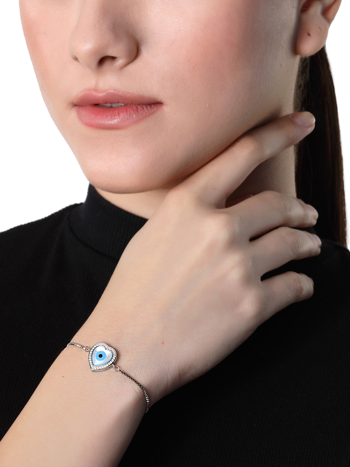 Pissara by Sukkhi Classic 925 Sterling Silver Evil Eye & Heart Shaped Cubic Zirconia Charm Bracelets For Women & Girls|with Authenticity Certificate, 925 Stamp & 6 Months Warranty BC105078