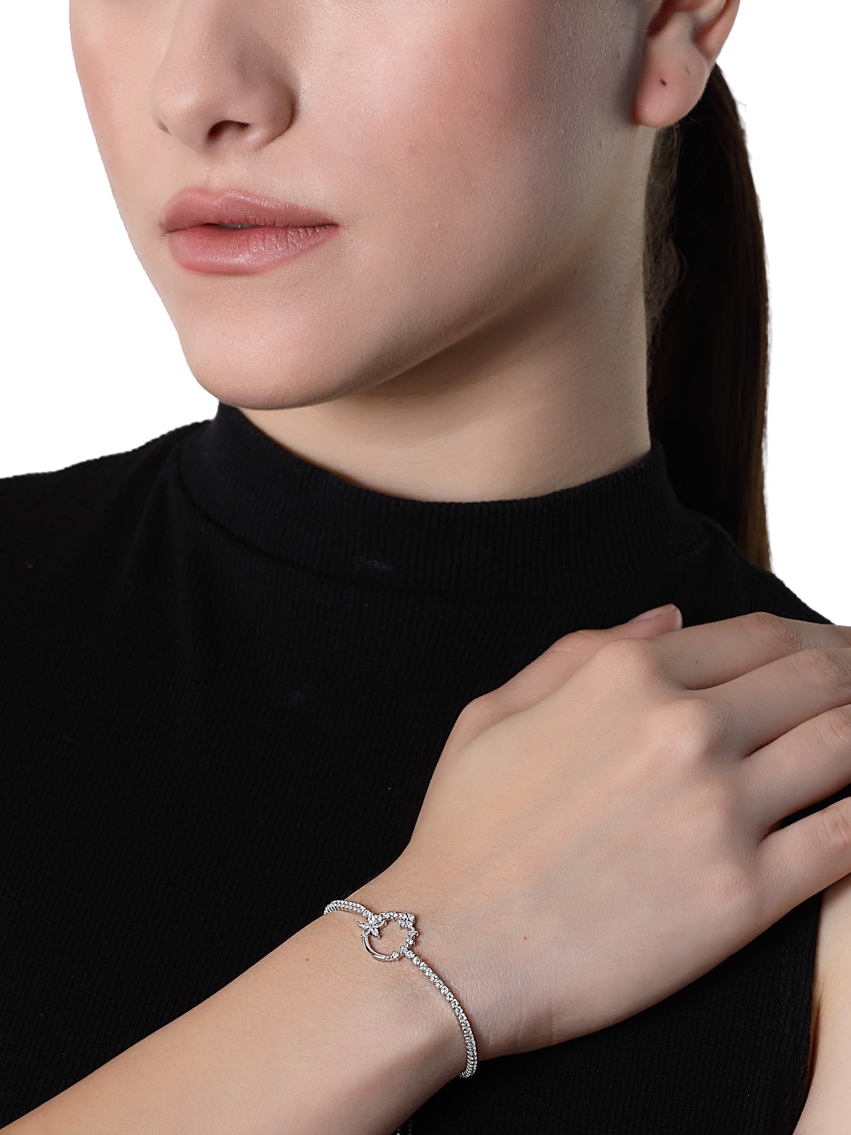 Pissara by Sukkhi Glimmery 925 Sterling Silver Floral Shaped Cubic Zirconia Charm Bracelets For Women & Girls|with Authenticity Certificate, 925 Stamp & 6 Months Warranty BC105080