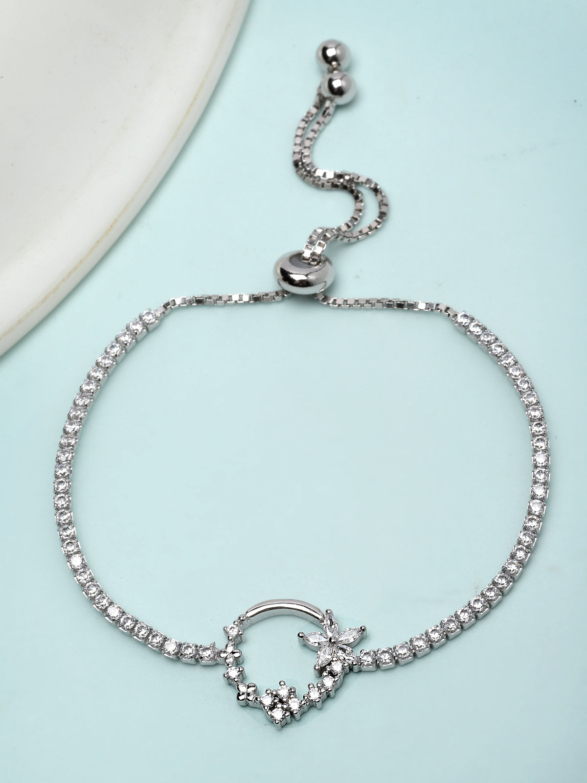 Pissara by Sukkhi Glimmery 925 Sterling Silver Floral Shaped Cubic Zirconia Charm Bracelets For Women & Girls|with Authenticity Certificate, 925 Stamp & 6 Months Warranty BC105080