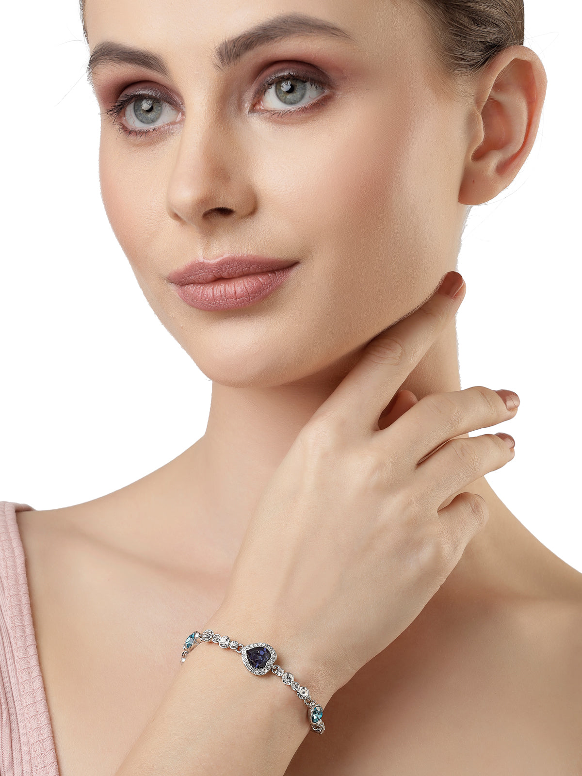 Scintillare by Sukkhi Latest Stylish Rhodium Plated Heart Shaped With Solitaire Crystals Stones Studded Adjustable Turquoise Blue Bangle Bracelet for Women & Girls|Birthday Gift for Women|BC106526