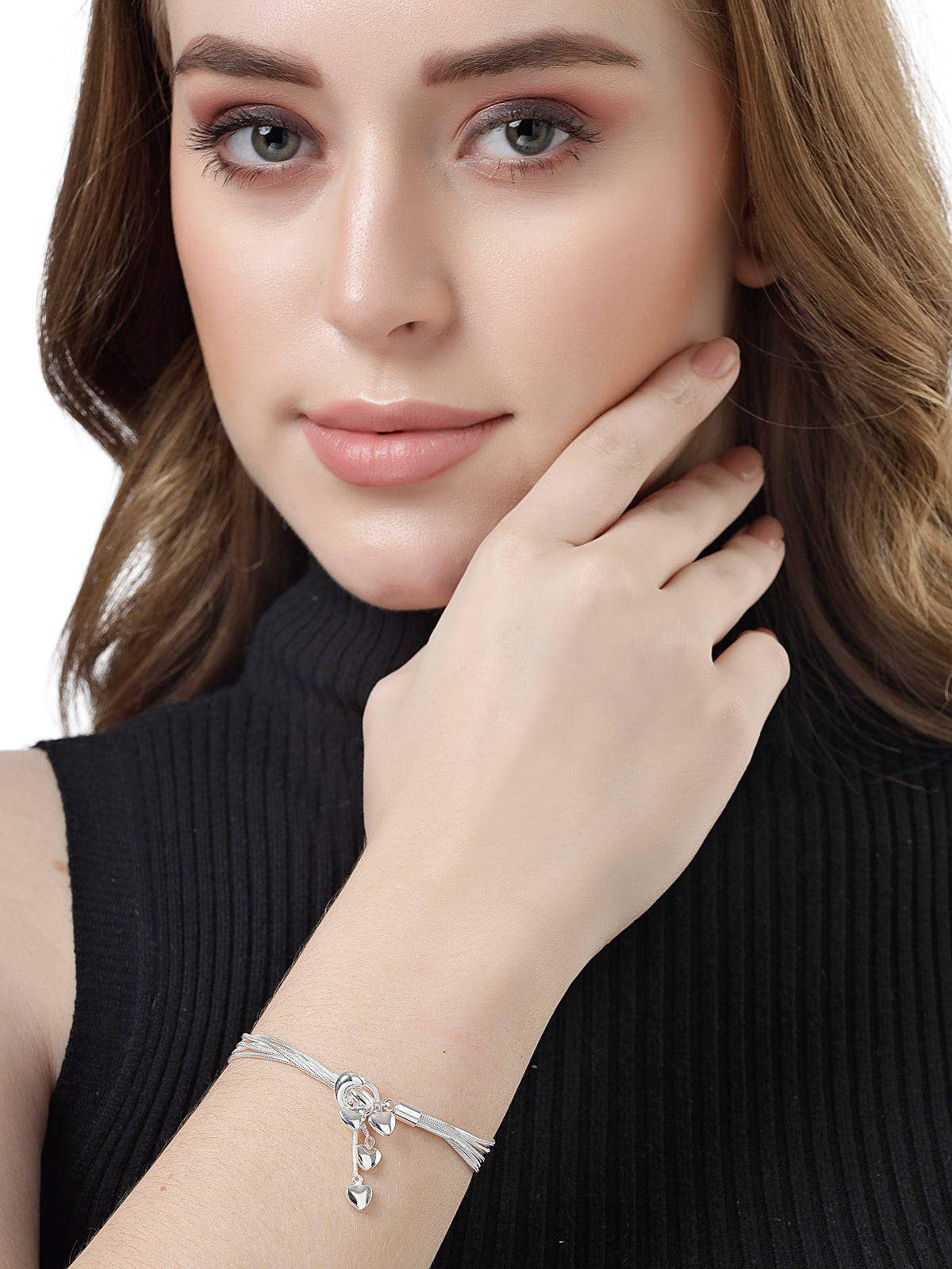 Scintillare by Sukkhi Graceful Latest Design Rhodium Plated Heart Shaped Silver Hanging Charm Crystals Shiny Bangle Bracelet for Women & Girls|Birthday Gift for Women|One Size|BC106527