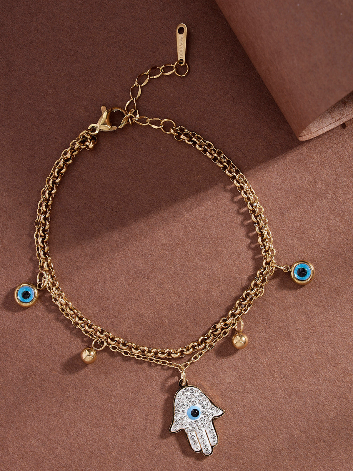 Scintillare By Sukkhi Evil Eye Hamsa Hand 18kGold Plated with Stainless Steel Charm Adjustable Bracelet Jewellery for Women & Girls|Anti Tarnish Jewellery|Gifts for Wife Girlfriend Mother|BC107026