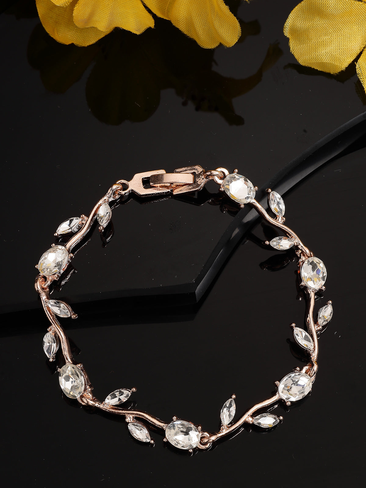 Scintillare By Sukkhi Creative Leaf Shaped Rose Gold Plated Crystal Stones Studded White Bracelet Bangle Jewellery for Women & Girls|Perfect for All Festive Occasions|BC107114