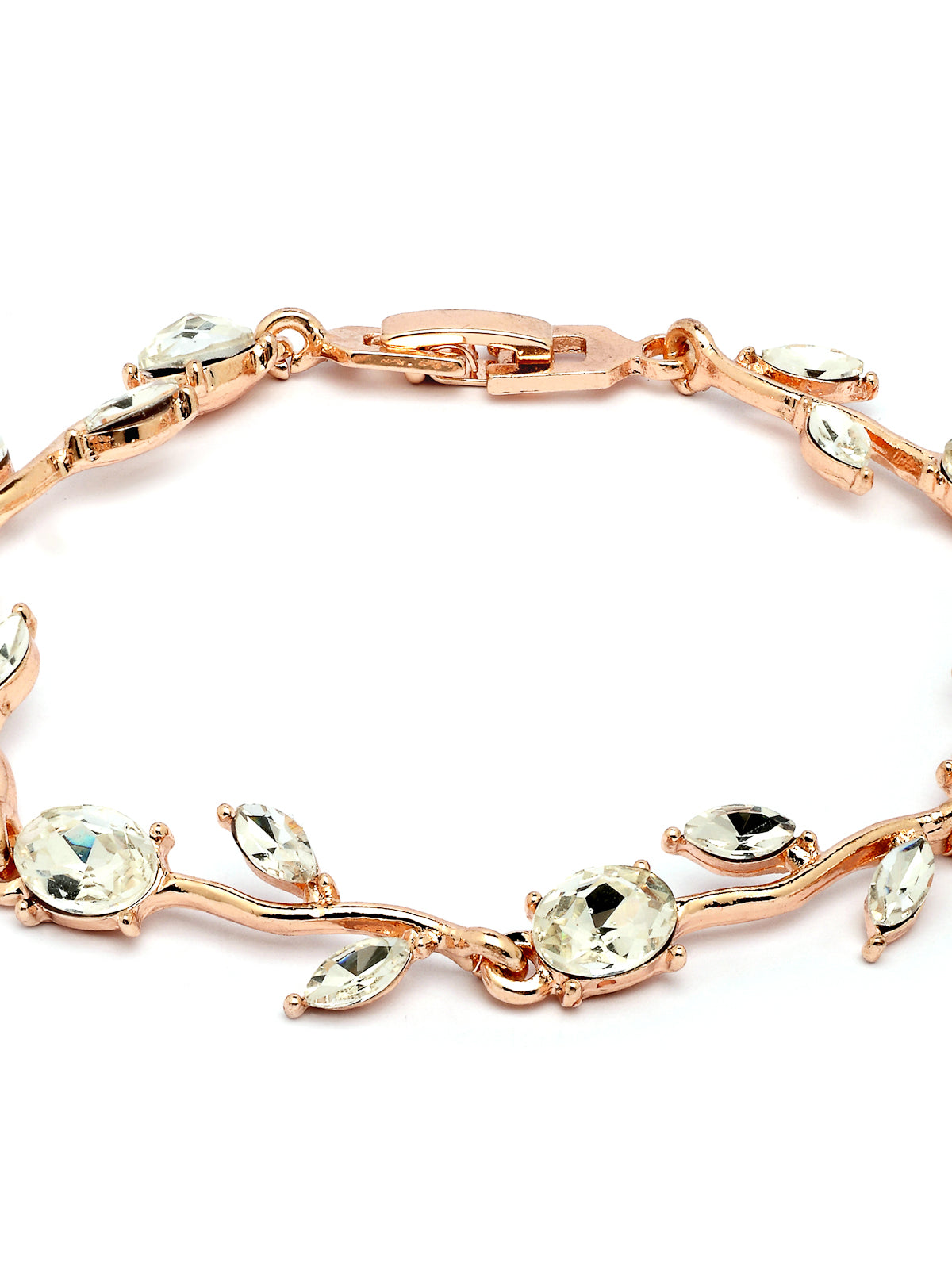 Scintillare By Sukkhi Creative Leaf Shaped Rose Gold Plated Crystal Stones Studded White Bracelet Bangle Jewellery for Women & Girls|Perfect for All Festive Occasions|BC107114