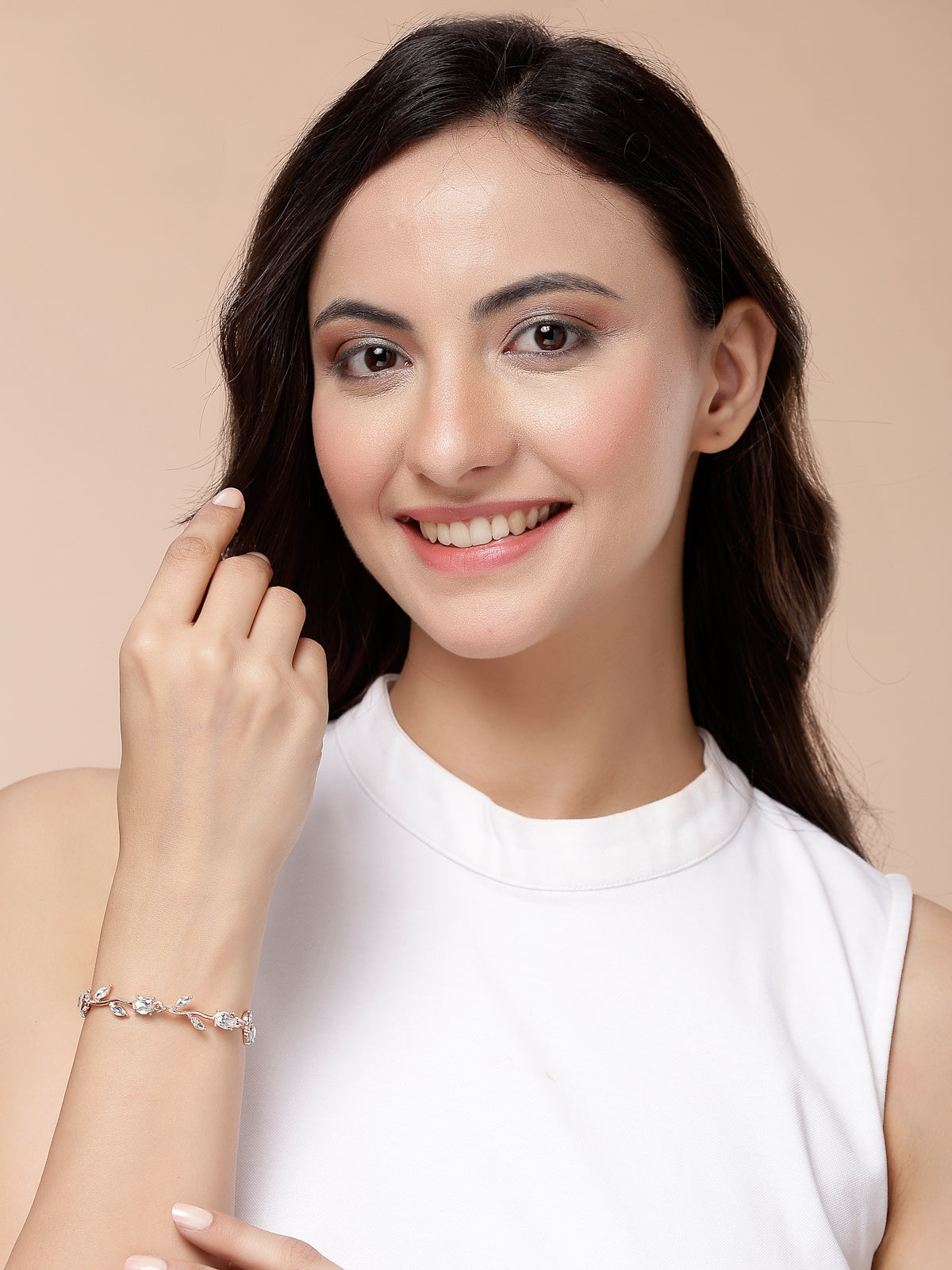 Scintillare By Sukkhi Creative Leaf Shaped Rose Gold Plated Crystal Stones Studded White Bracelet Bangle Jewellery for Women & Girls|Perfect for All Festive Occasions|BC107114