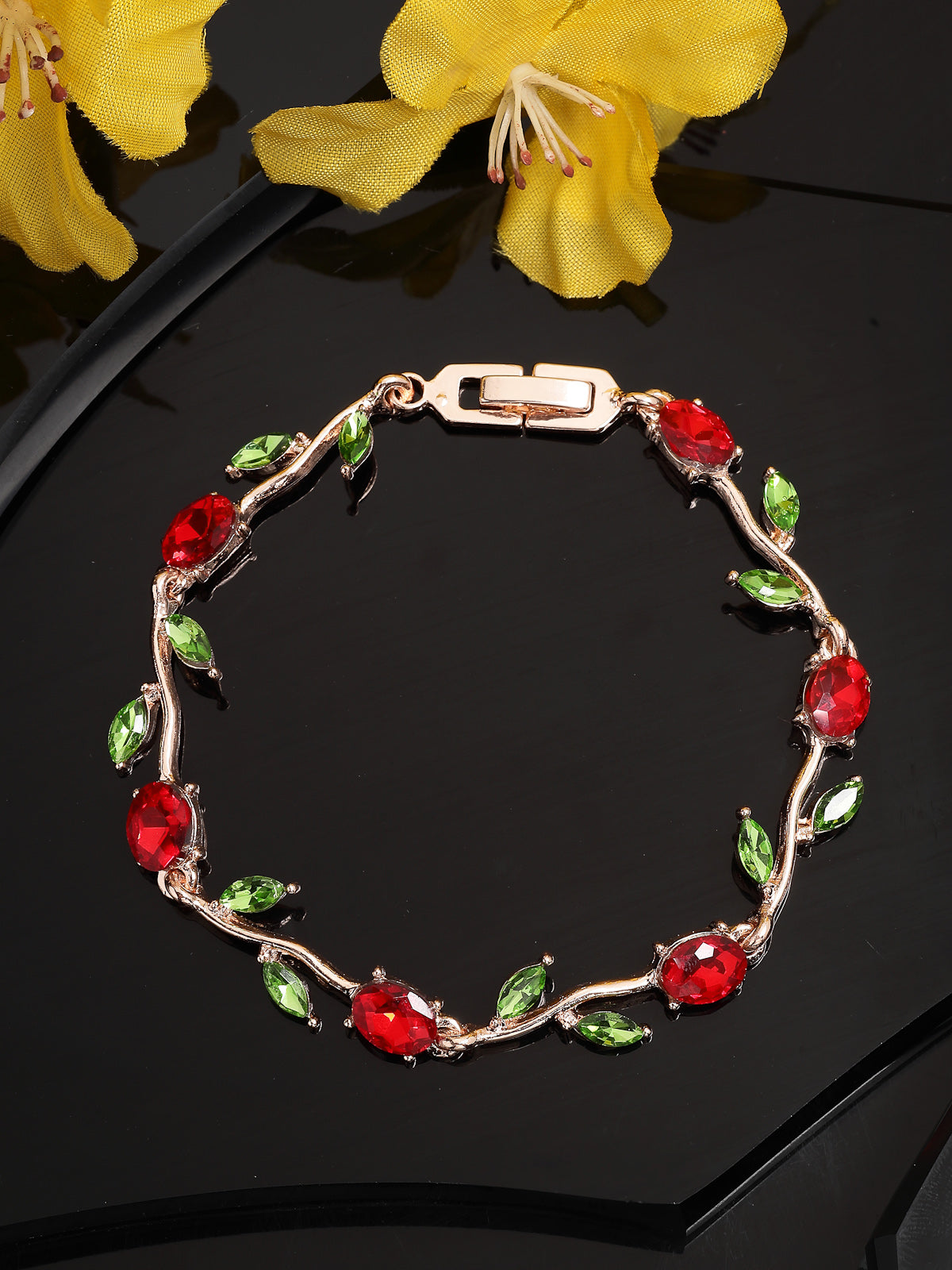 Scintillare By Sukkhi Creative Leaf Shaped Rose Gold Plated Crystal Stones Studded Multicolor Bracelet Bangle Jewellery for Women & Girls|Perfect for All Festive Occasions|BC107115