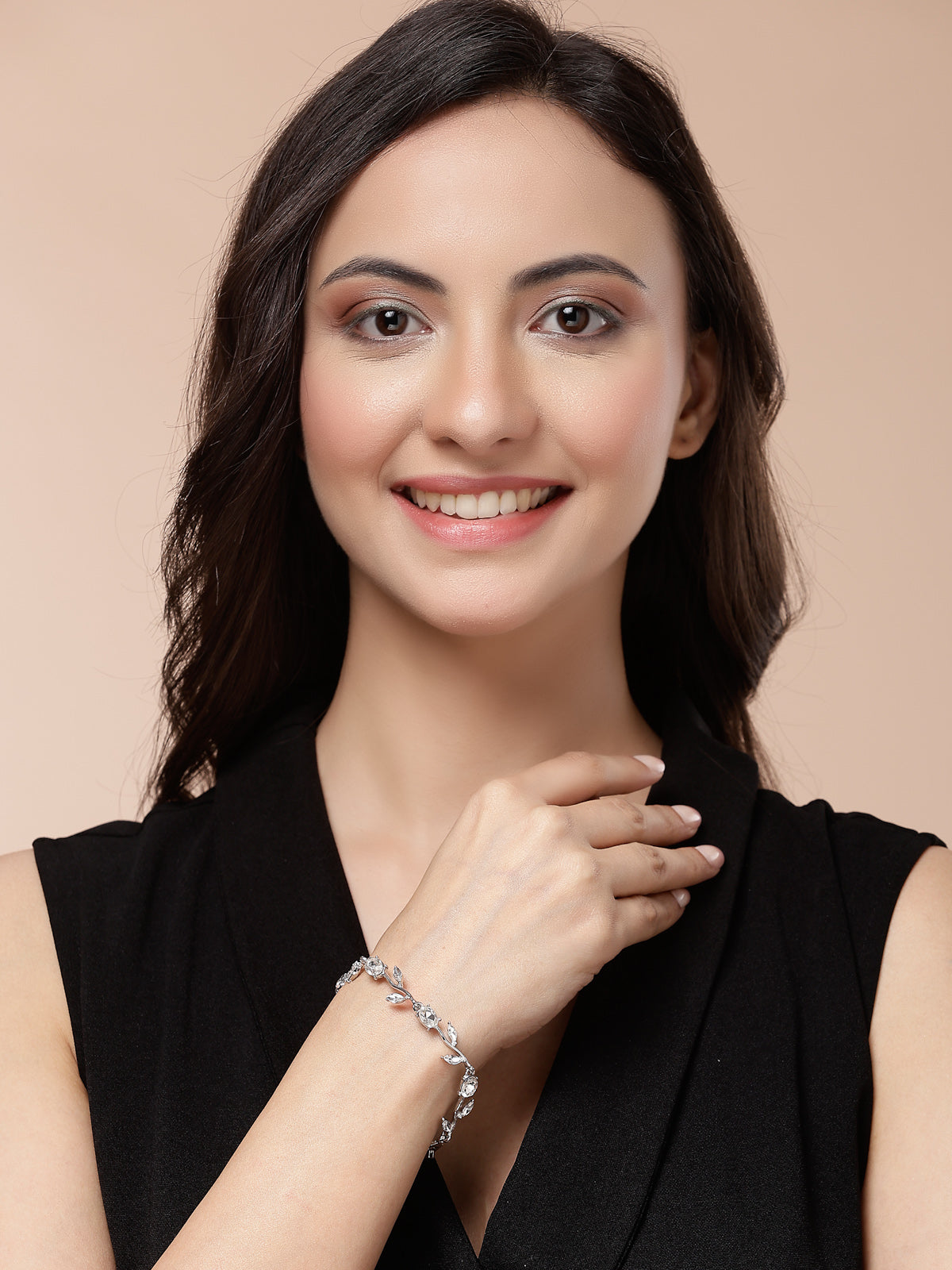 Scintillare By Sukkhi Creative Leaf Shaped Rhodium Plated Crystal Stones Studded Silver Bracelet Jewellery for Women & Girls|Perfect for All Festive Occasions|BC107116