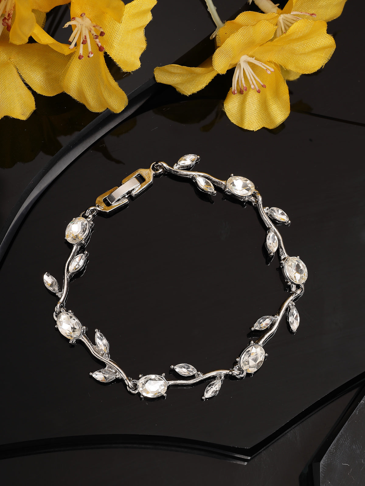 Scintillare By Sukkhi Creative Leaf Shaped Rhodium Plated Crystal Stones Studded Silver Bracelet Jewellery for Women & Girls|Perfect for All Festive Occasions|BC107116