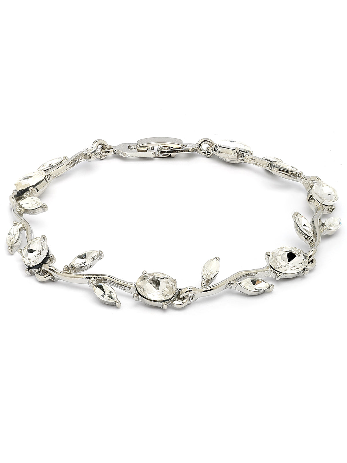 Scintillare By Sukkhi Creative Leaf Shaped Rhodium Plated Crystal Stones Studded Silver Bracelet Jewellery for Women & Girls|Perfect for All Festive Occasions|BC107116