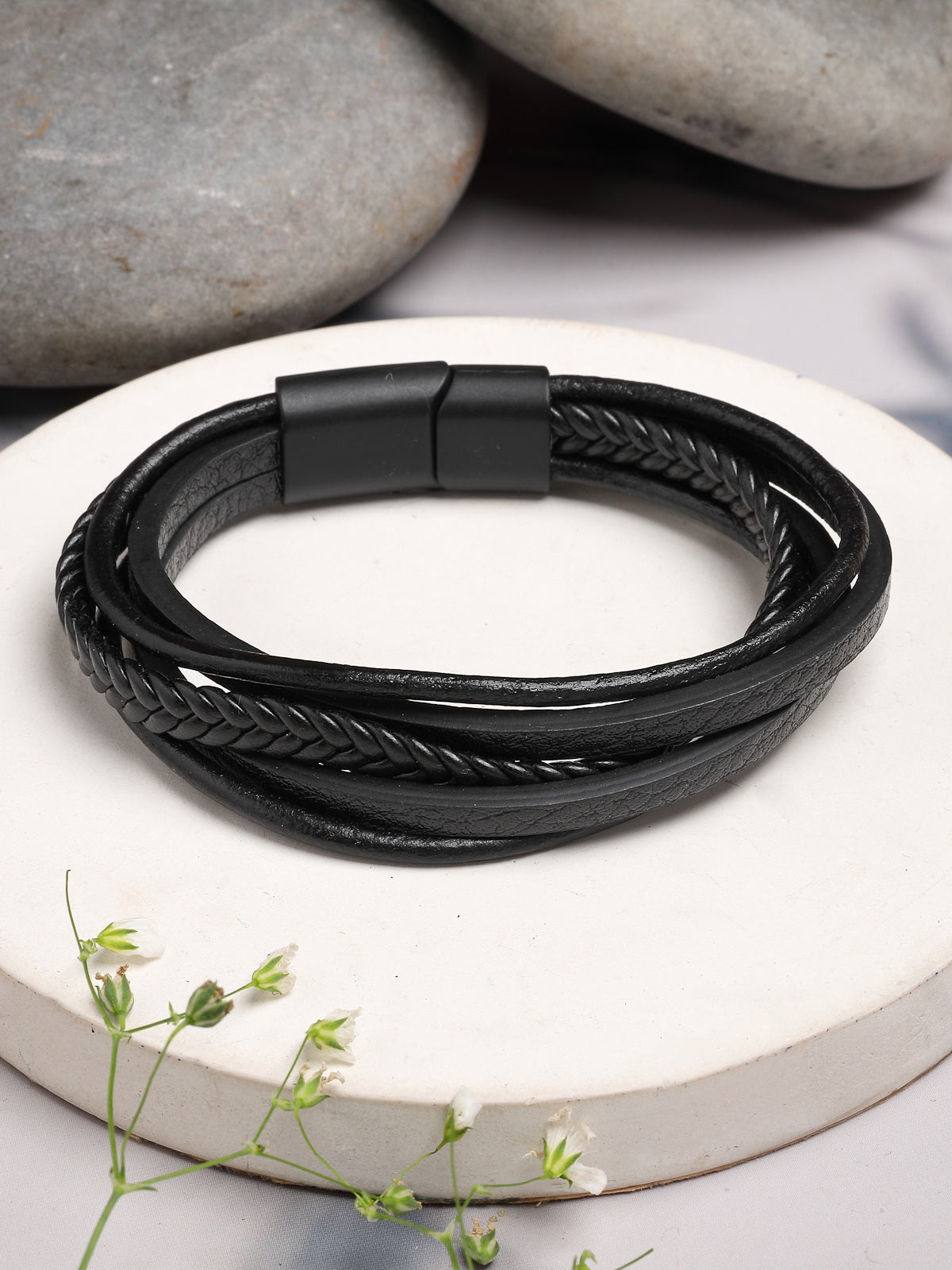 Scintillare By Sukkh Western Style Genuine Leather Braided Wrap with Magnetic Clasp Multistrips Black Bracelet for Men & Boys|Birthday Gift for Men and Boys Anniversary Gift for Husband|BC107117