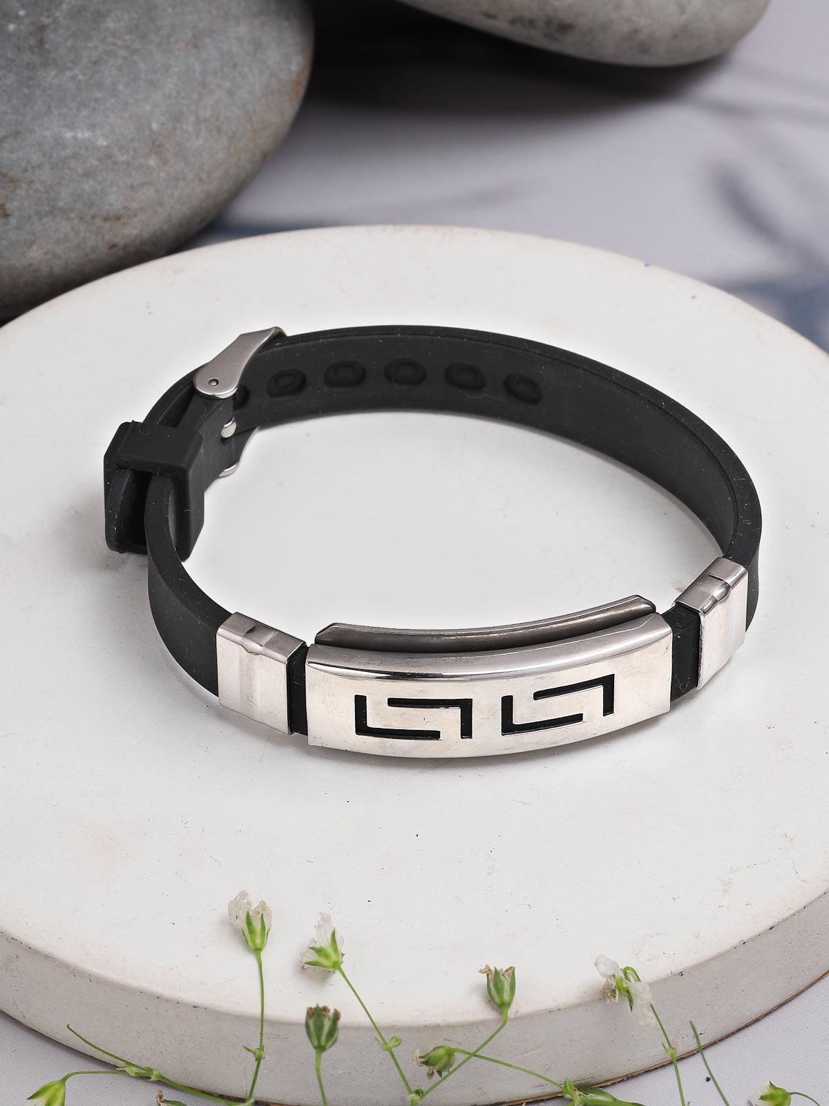 Scintillare By Sukkhi Casual Style Design Leather Silicon Wristband Black Bracelet for Men & Boys|Accessories Jewellery for Unisex|Birthday Gift for Girls & Boys|BC107128