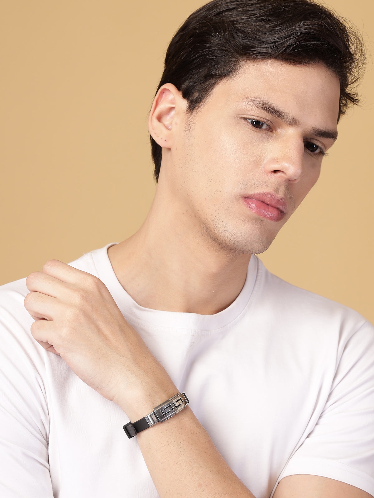 Scintillare By Sukkhi Casual Style Design Leather Silicon Wristband Black Bracelet for Men & Boys|Accessories Jewellery for Unisex|Birthday Gift for Girls & Boys|BC107128