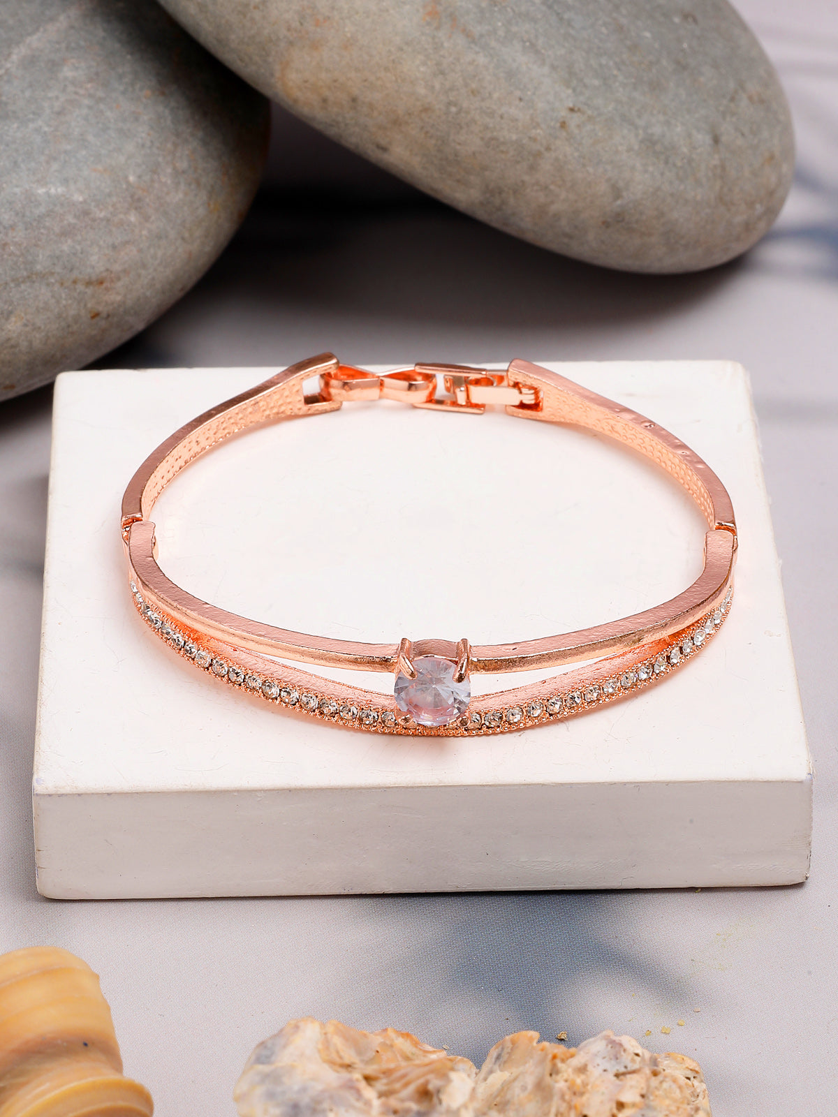 Scintillare By Sukkhi Pretty Stylish Fashionable Rose Gold Plated Crystal Stone Studded Kada Bangle Bracelet for Women & Girls|BC107130