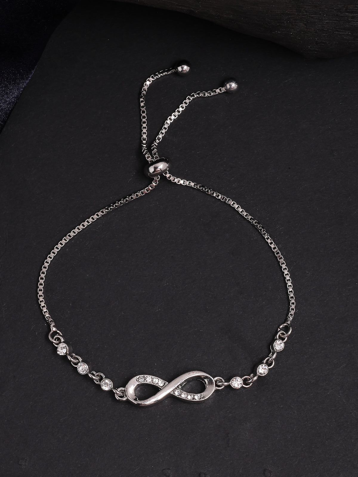 Scintillare By Sukkhi Latest Stylish External Endless Love CZ Diamonds Studded Rhodium Plated Infinity Shaped Slide Closure Silver Bracelet for Women & Girls|BC107136