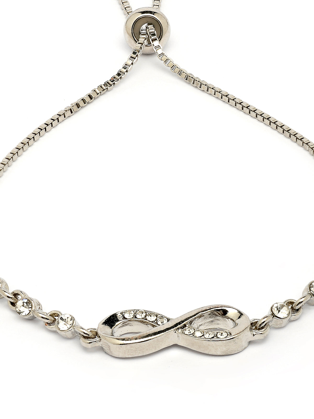 Scintillare By Sukkhi Latest Stylish External Endless Love CZ Diamonds Studded Rhodium Plated Infinity Shaped Slide Closure Silver Bracelet for Women & Girls|BC107136