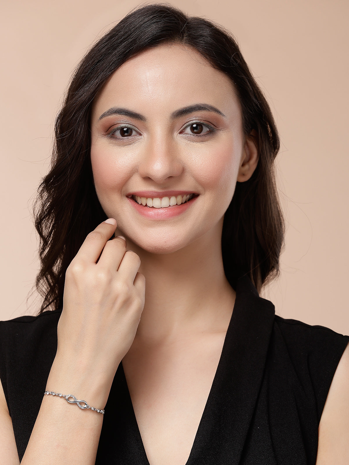 Scintillare By Sukkhi Latest Stylish External Endless Love CZ Diamonds Studded Rhodium Plated Infinity Shaped Slide Closure Silver Bracelet for Women & Girls|BC107136